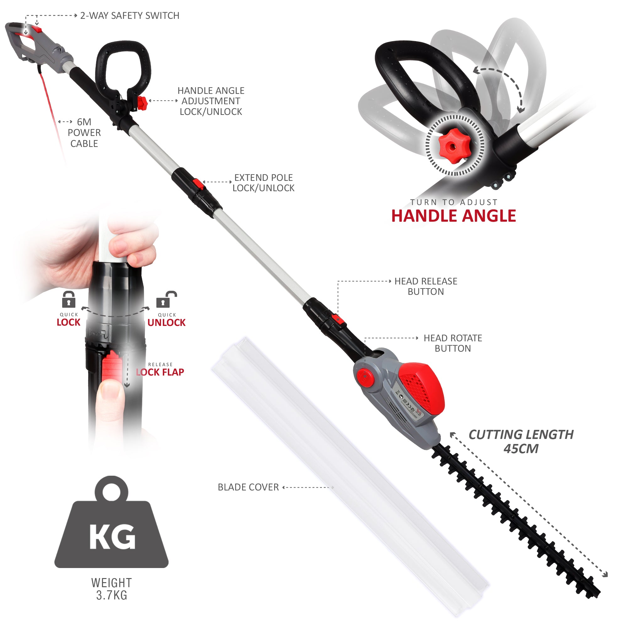 NETTA 550W Corded Pole Hedge Trimmer with 2.7M Extendable Reach