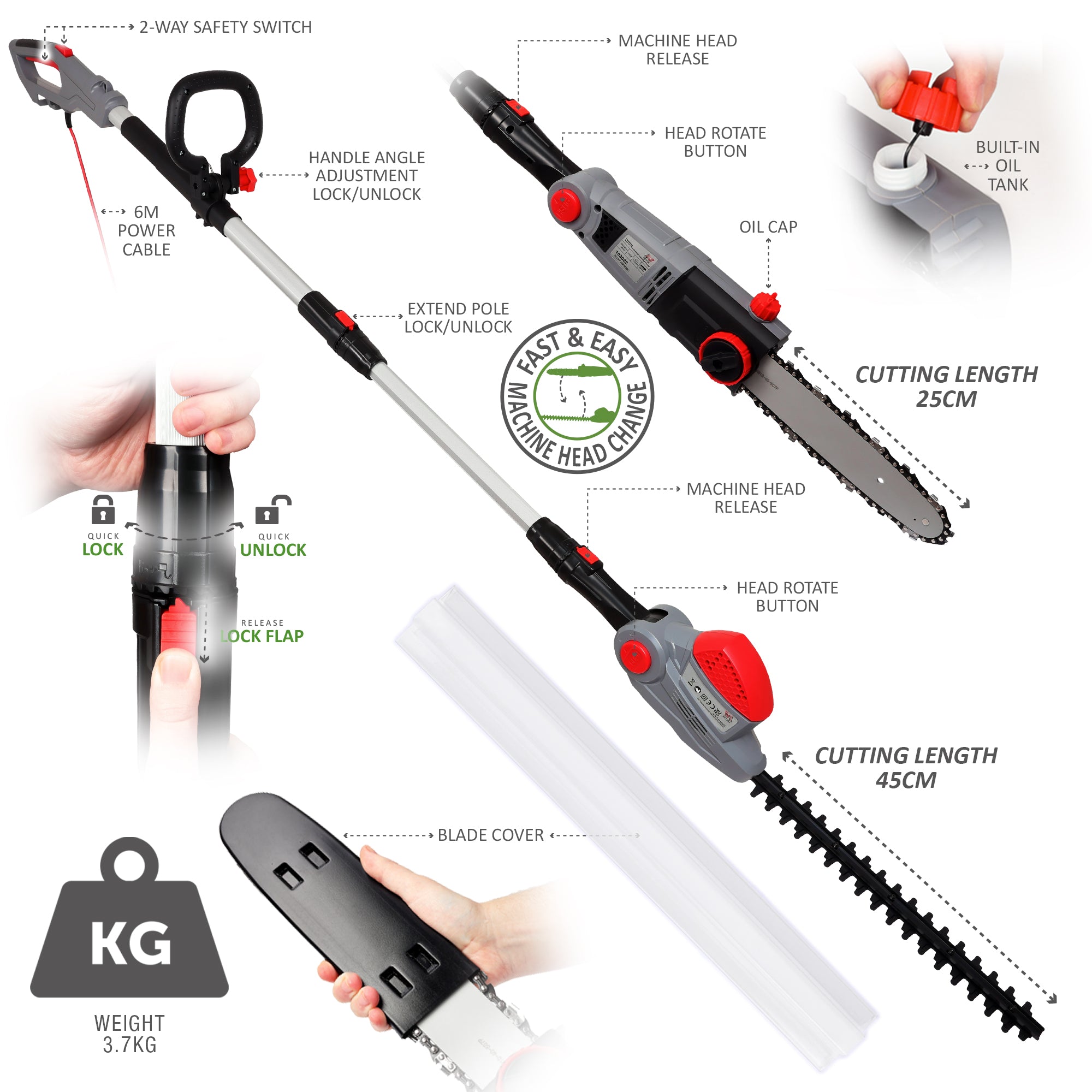 NETTA 710W 2 in 1 Pole Long Reach Hedge Timmer and Chainsaw