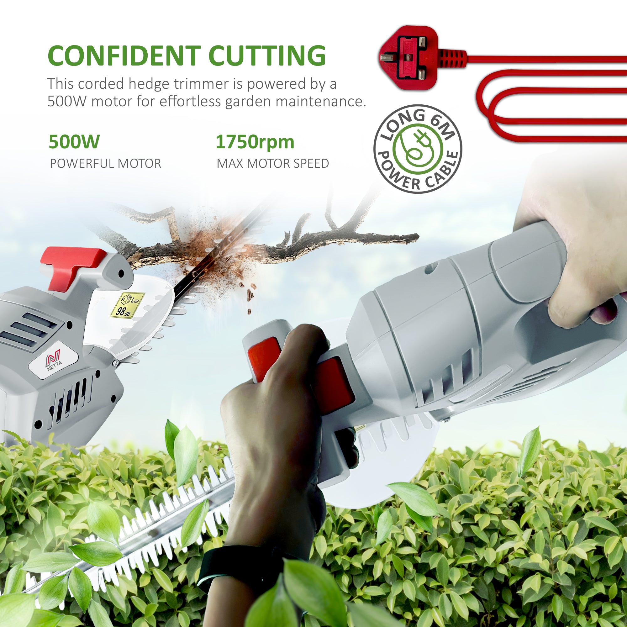 NETTA 500W Hedge Trimmer with 55cm Diamond Cutting Blade