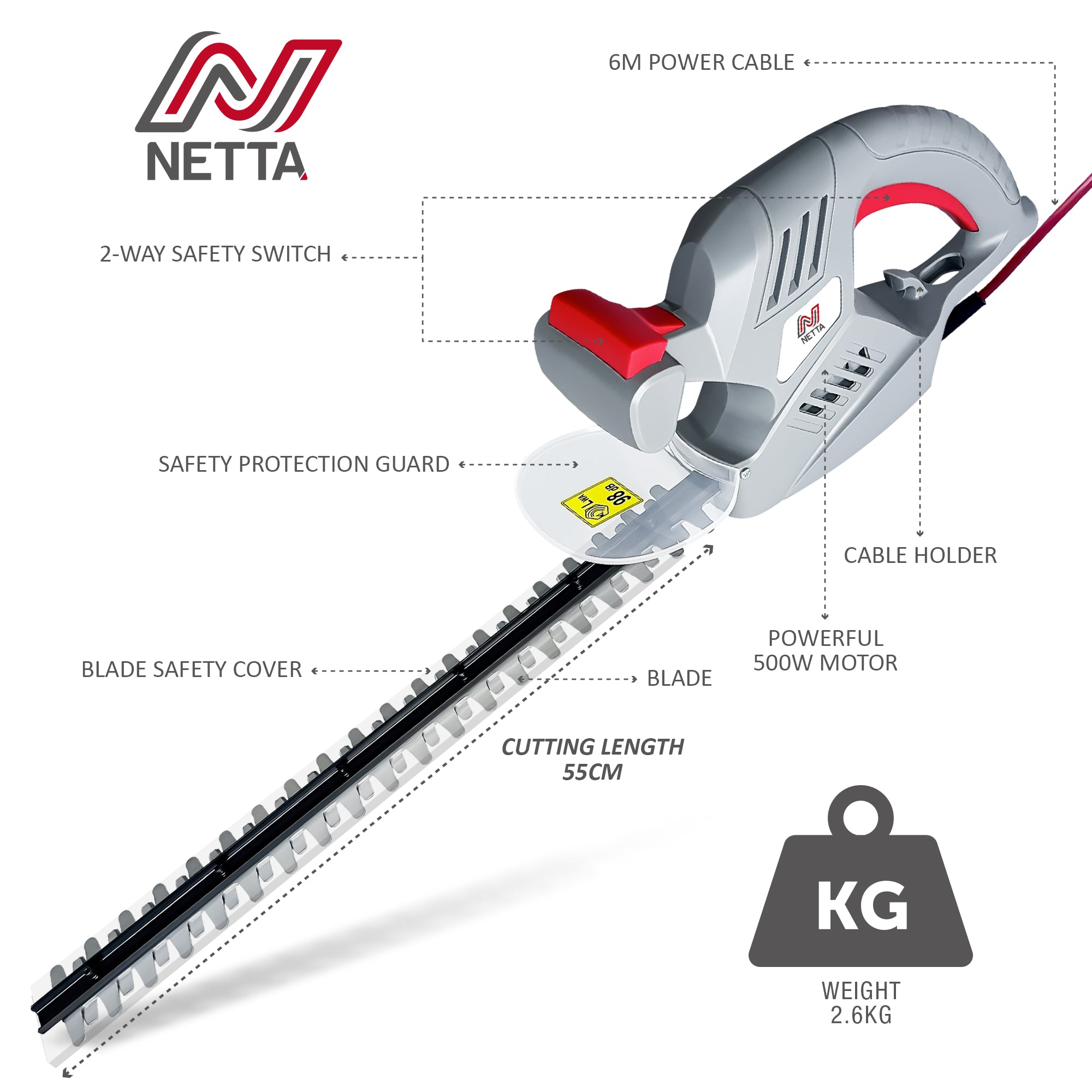 NETTA 500W Hedge Trimmer with 55cm Diamond Cutting Blade