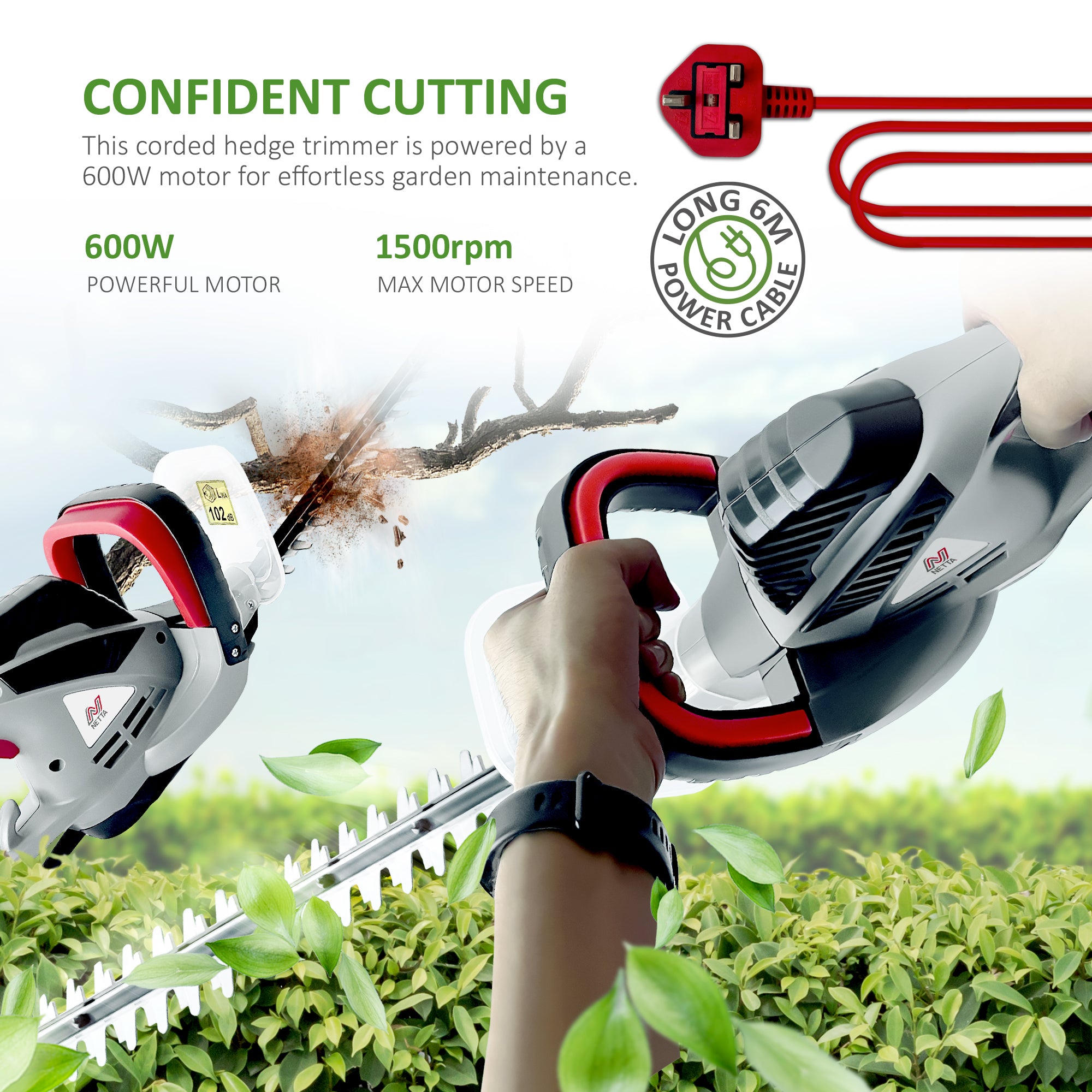 NETTA 600W Corded Hedge Trimmer and Cutter 55cm Diamond Cutting Blade