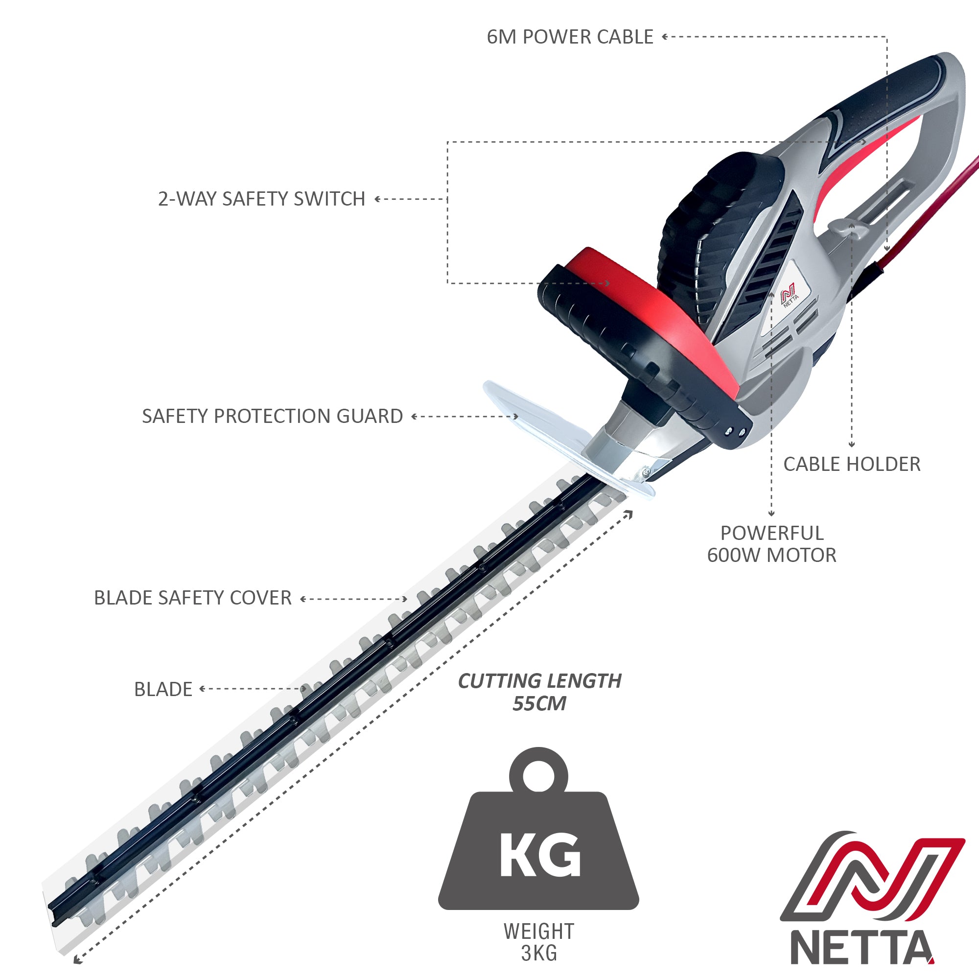 NETTA 600W Corded Hedge Trimmer and Cutter 55cm Diamond Cutting Blade