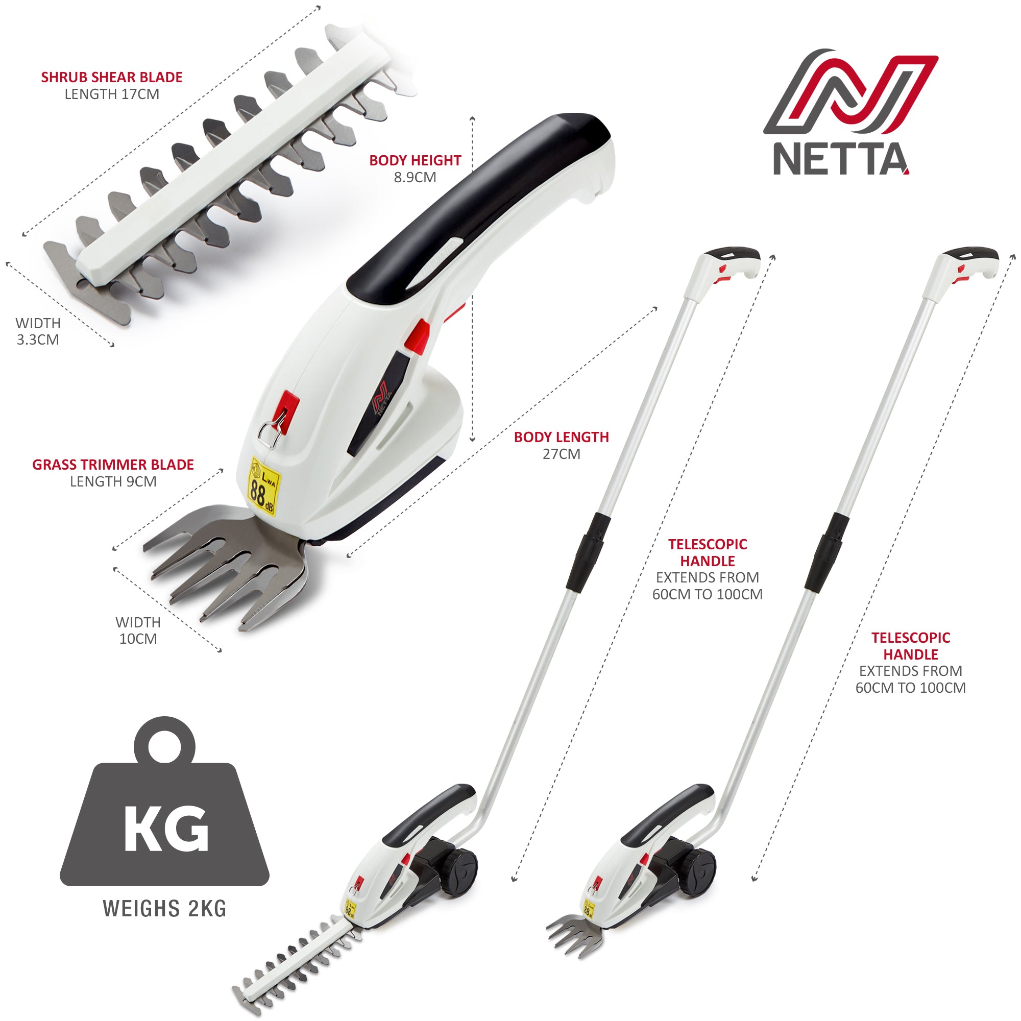 NETTA 7.2V Cordless 2 in 1 Grass and Hedge Trimmer with Telescopic Pole Handle