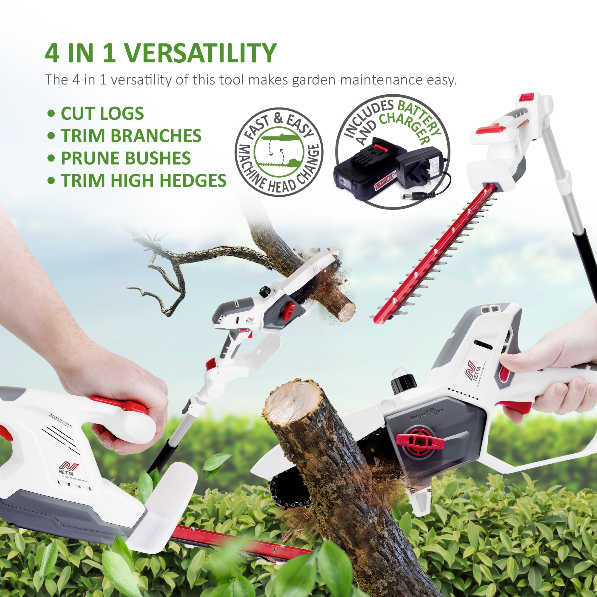 NETTA 20V Cordless 4-In-1 Pole & Handheld Hedge Trimmer and Chainsaw