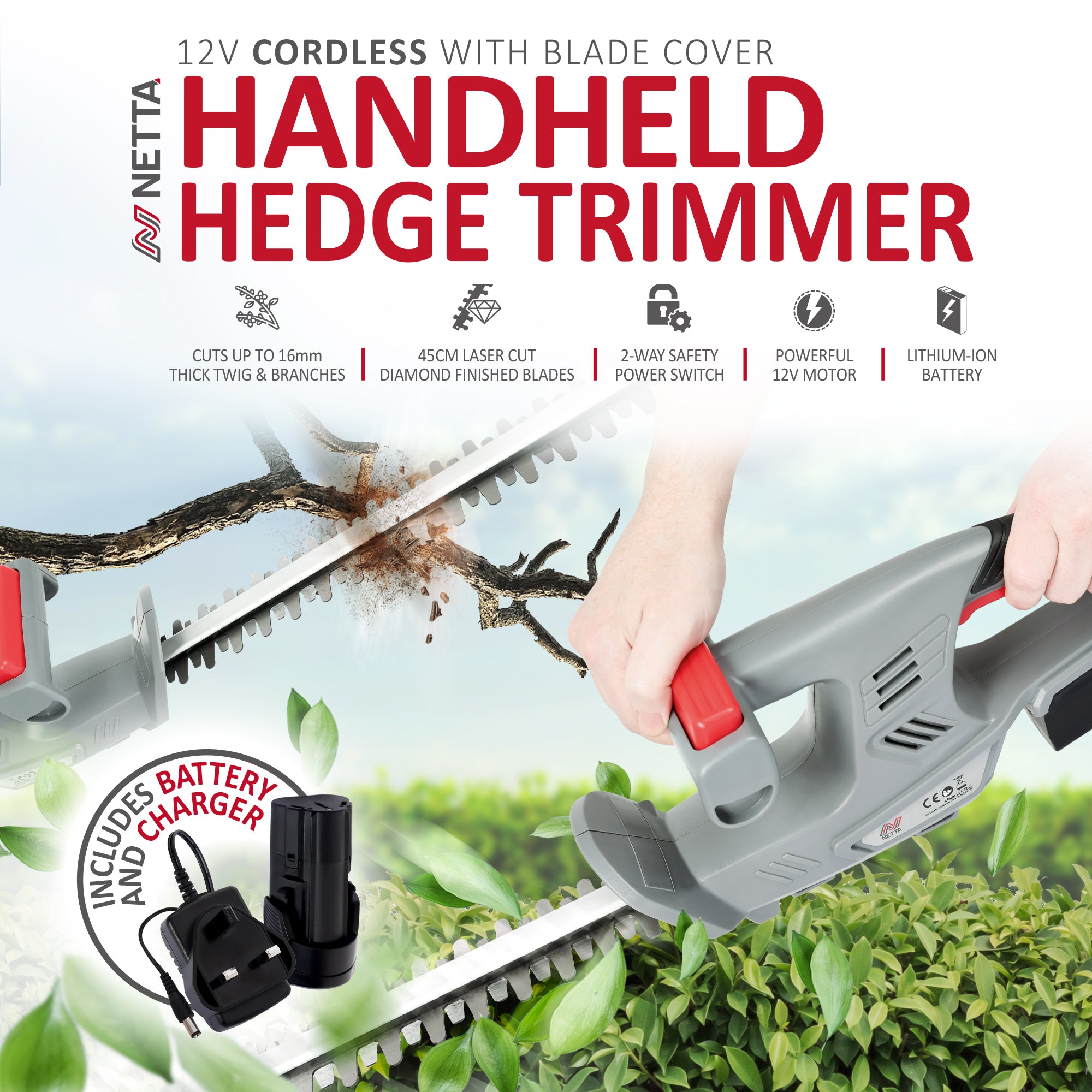 NETTA 12V Cordless Hedge Trimmer and Cutter