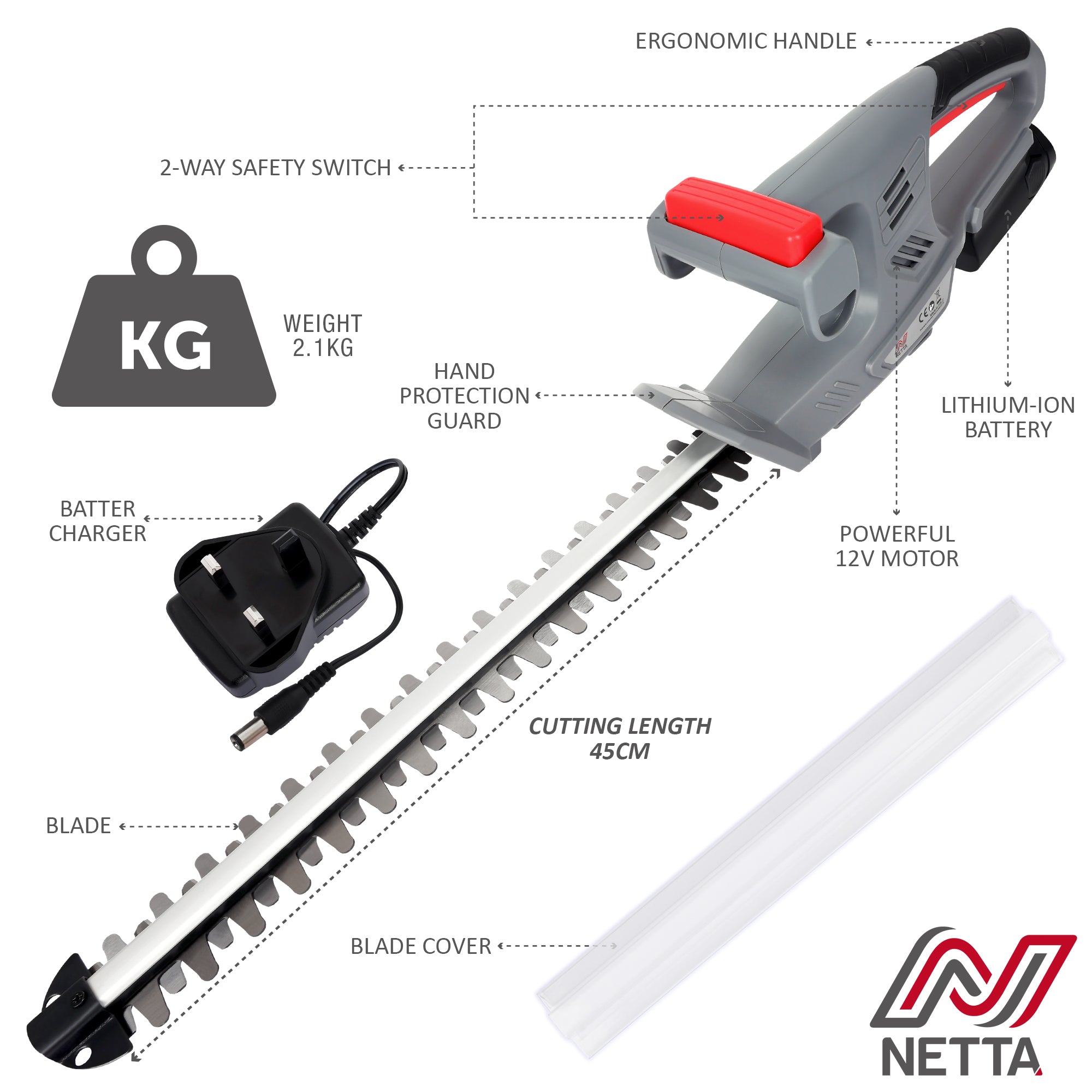 NETTA 12V Cordless Hedge Trimmer and Cutter