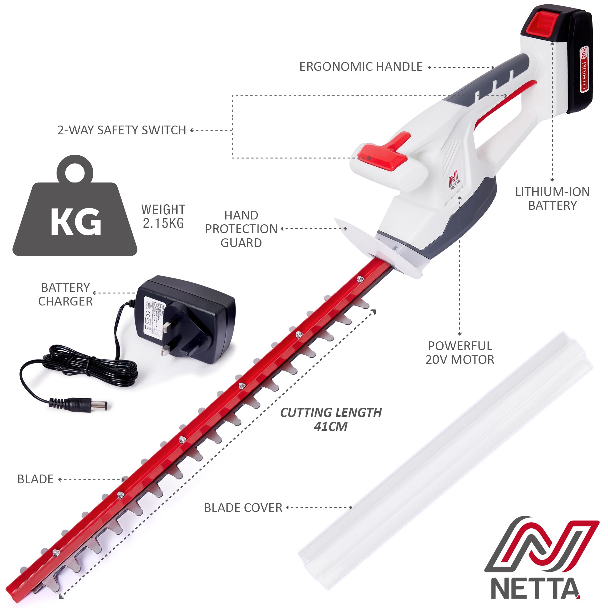 NETTA 20V Cordless Hedge Trimmer & Cutter