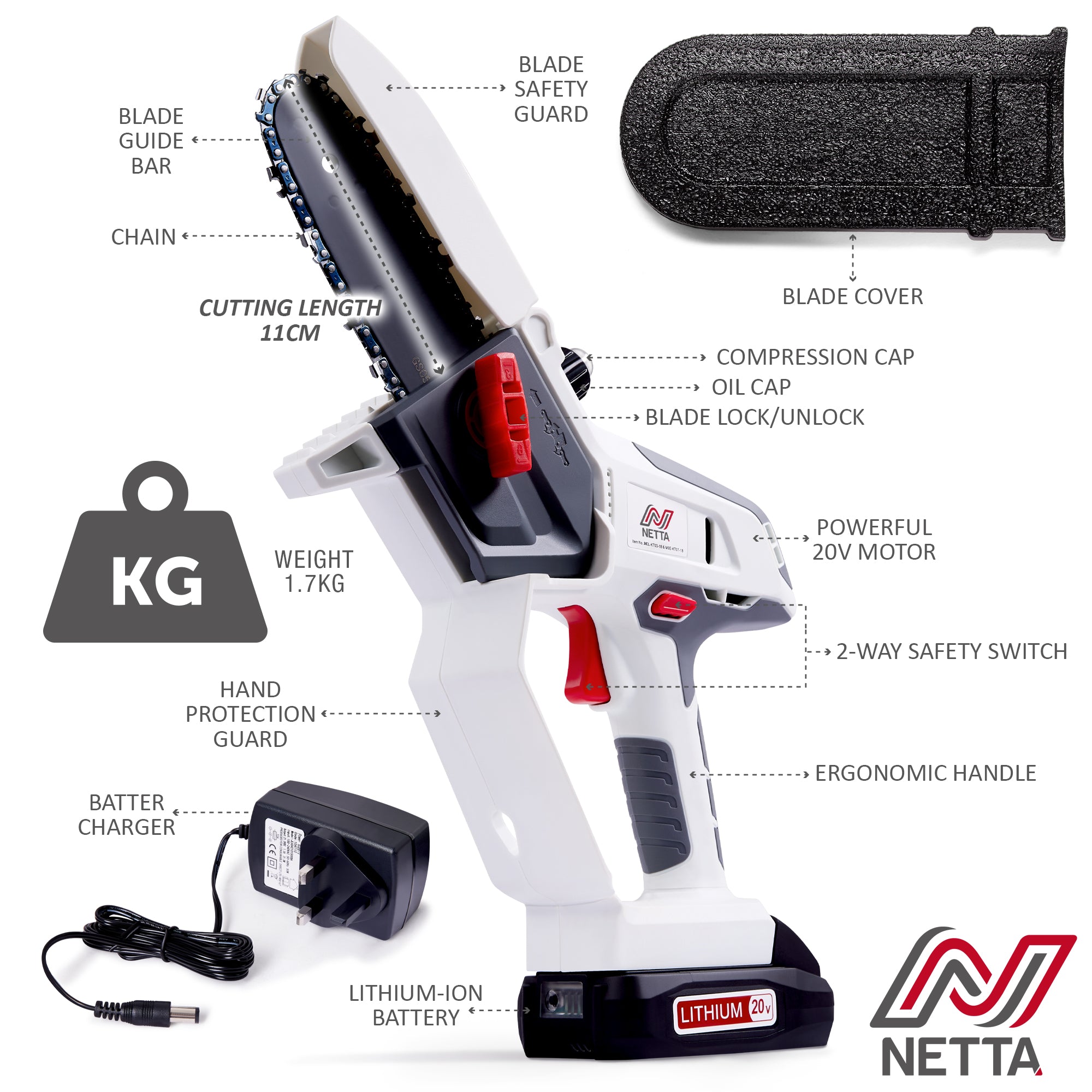 NETTA 20V Cordless Mini Chainsaw - Battery and Charger Included