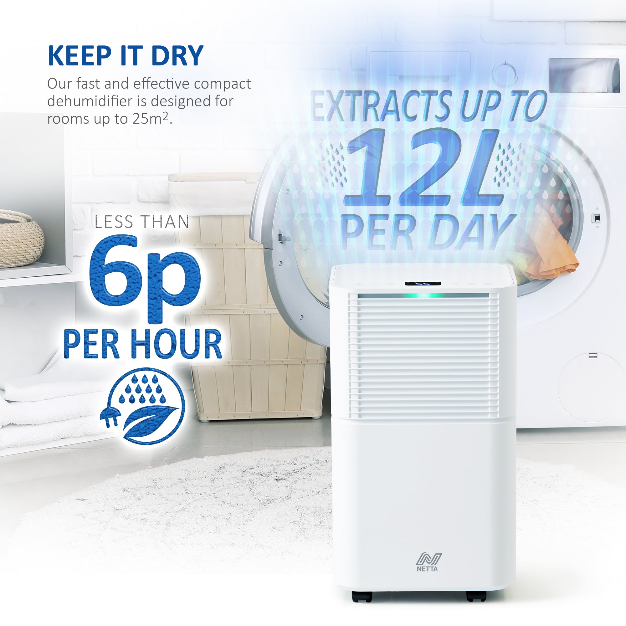 NETTA 12L Low Energy Dehumidifier - Digital Control Panel, Air Filter,  Auto Restart 200W
