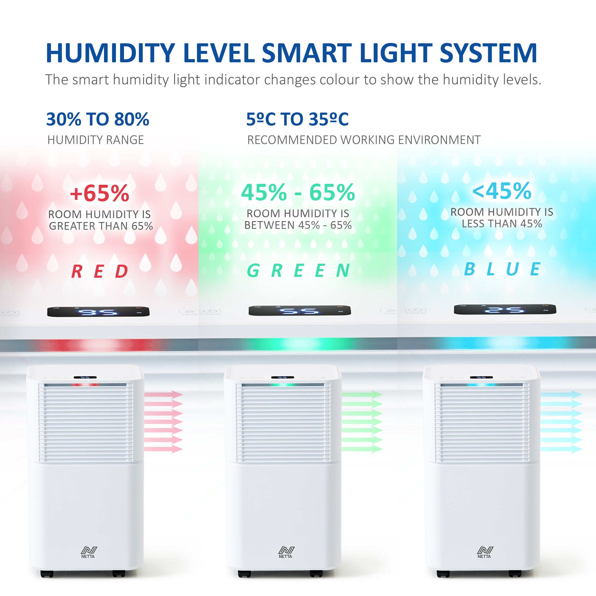 NETTA 12L Low Energy Dehumidifier - Digital Control Panel, Air Filter,  Auto Restart 200W