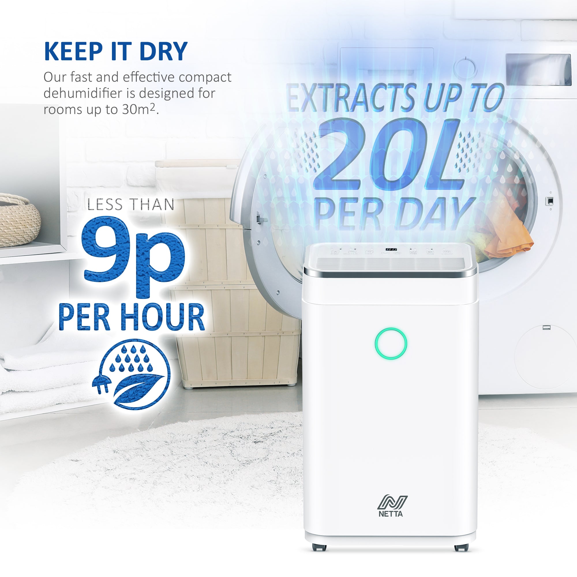 NETTA 20L Low Energy Dehumidifier Continuous Drainage Timer - Ideal for Damp, Condensation and Laundry Drying