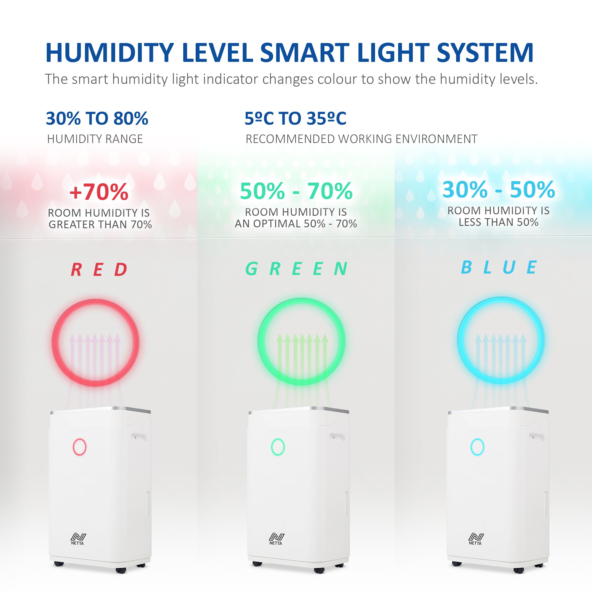 NETTA 20L Low Energy Dehumidifier Continuous Drainage Timer - Ideal for Damp, Condensation and Laundry Drying