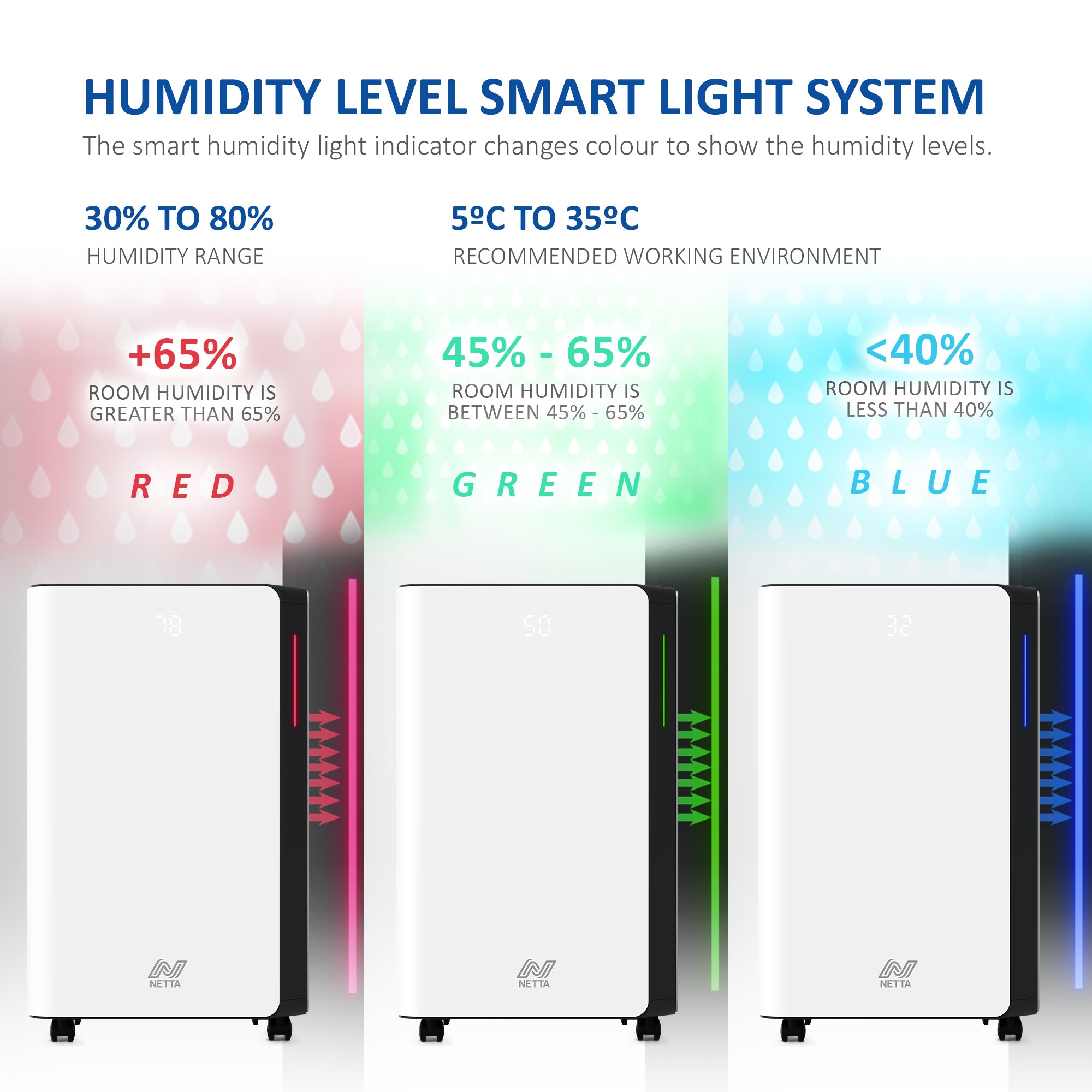 NETTA 20L Low Energy Dehumidifier - Digital Control Panel, Air Filter, Auto Restart 345W