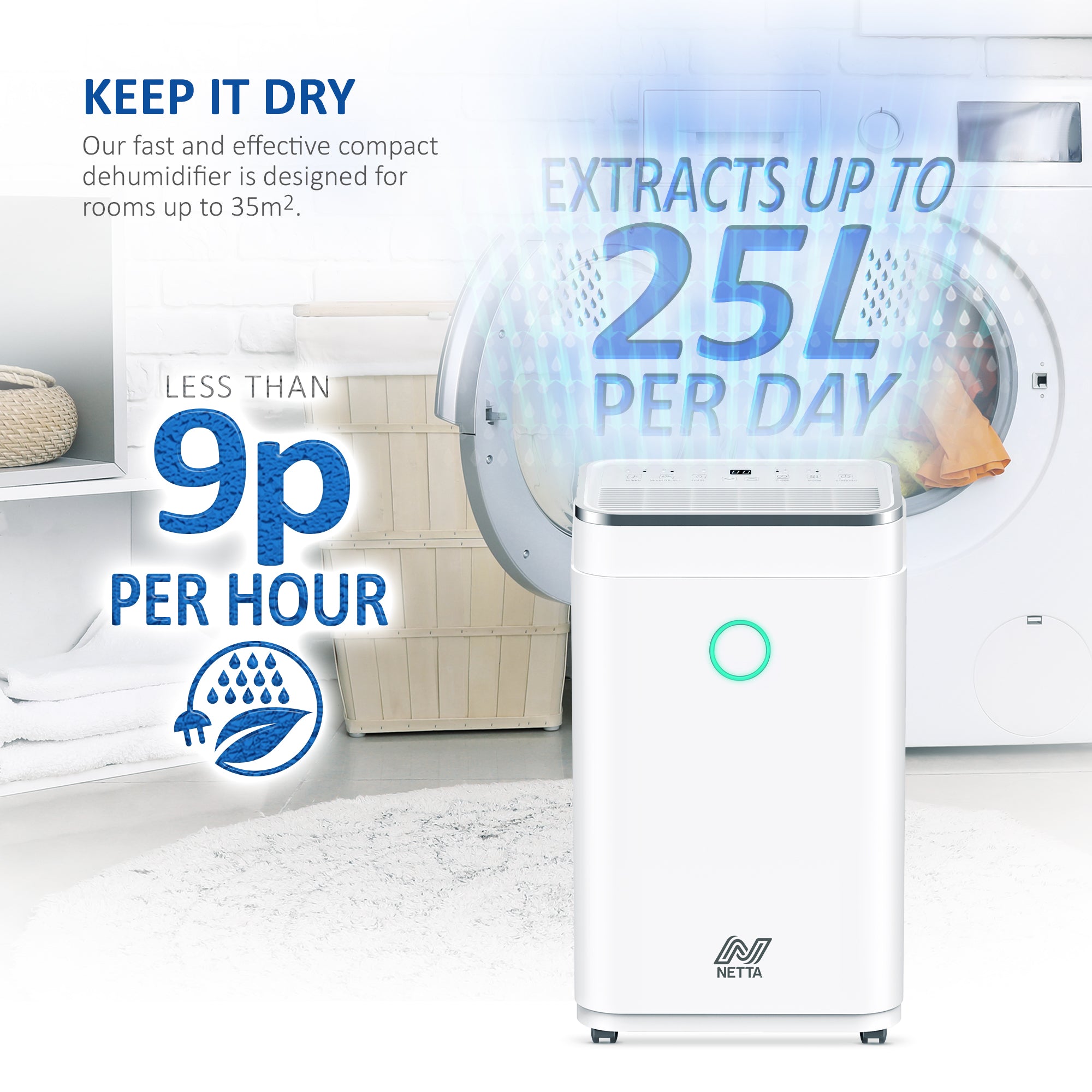 NETTA 25L Low Energy Dehumidifier Continuous Drainage Timer - Ideal for Damp, Condensation and Laundry Drying