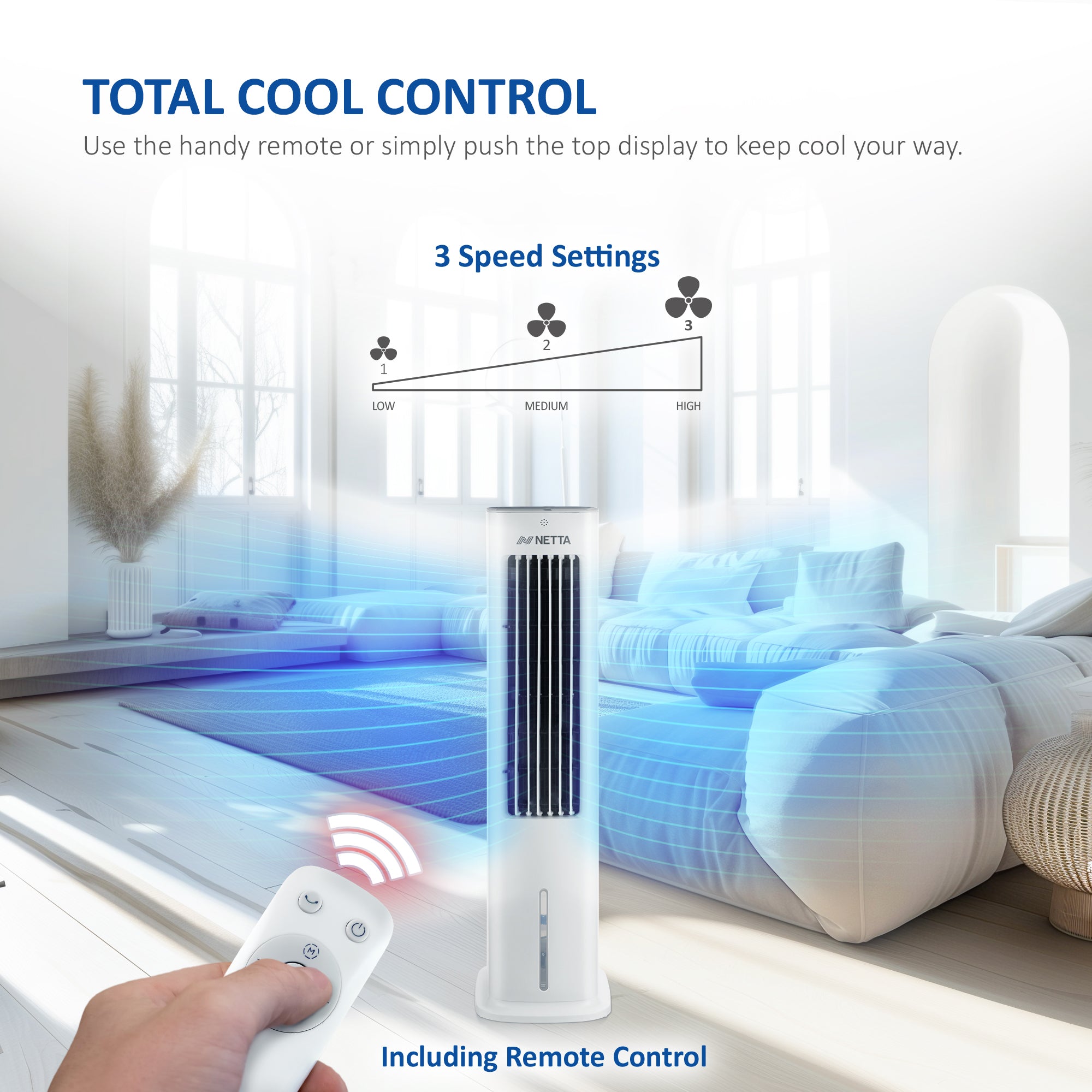 NETTA 5L 3 In 1 Air Cooler - Tower Fan - Humidifier with Remote, 7 Hour Timer