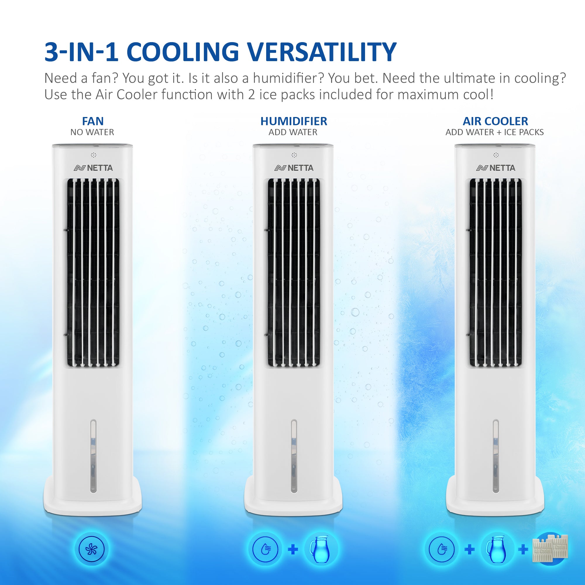 NETTA 5L 3 In 1 Air Cooler - Tower Fan - Humidifier with Remote, 7 Hour Timer