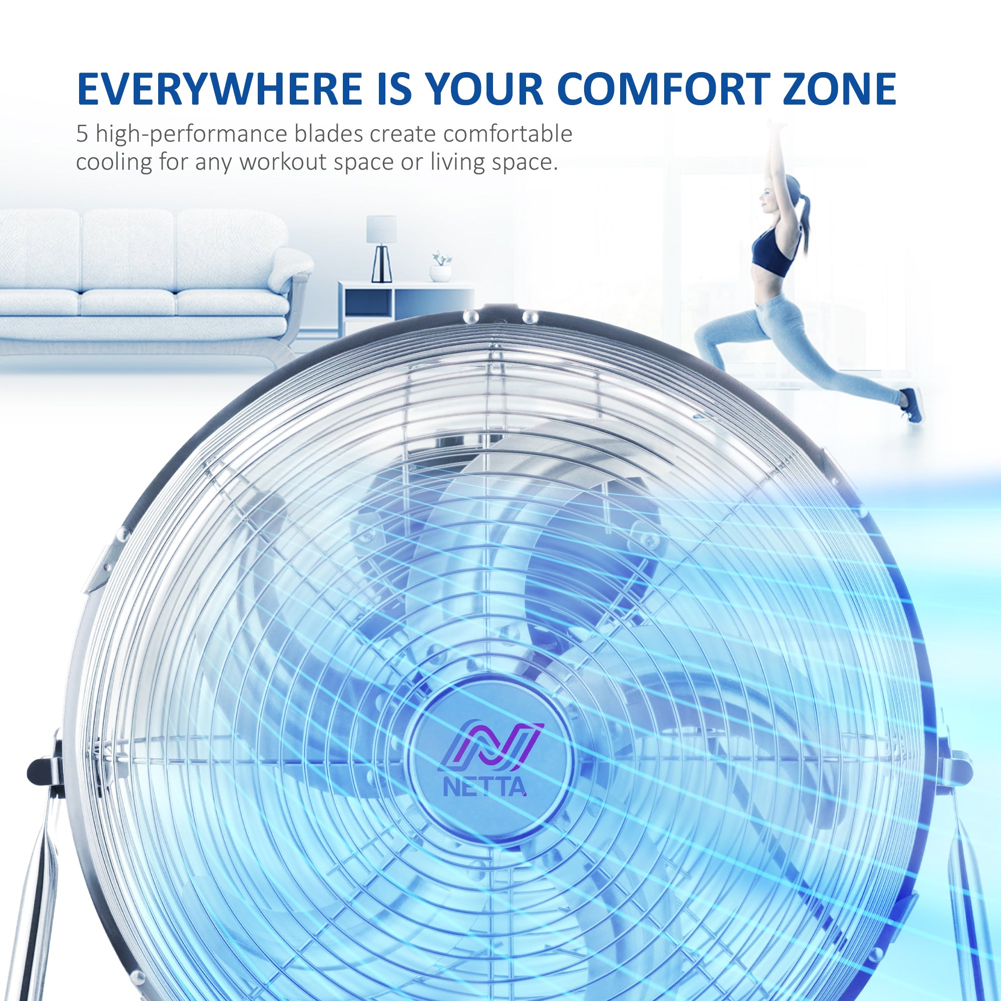 NETTA Gym Floor Fan 3 Speed Settings and Tilt Option, Powerful Circulation, Wall Mountable Chrome
