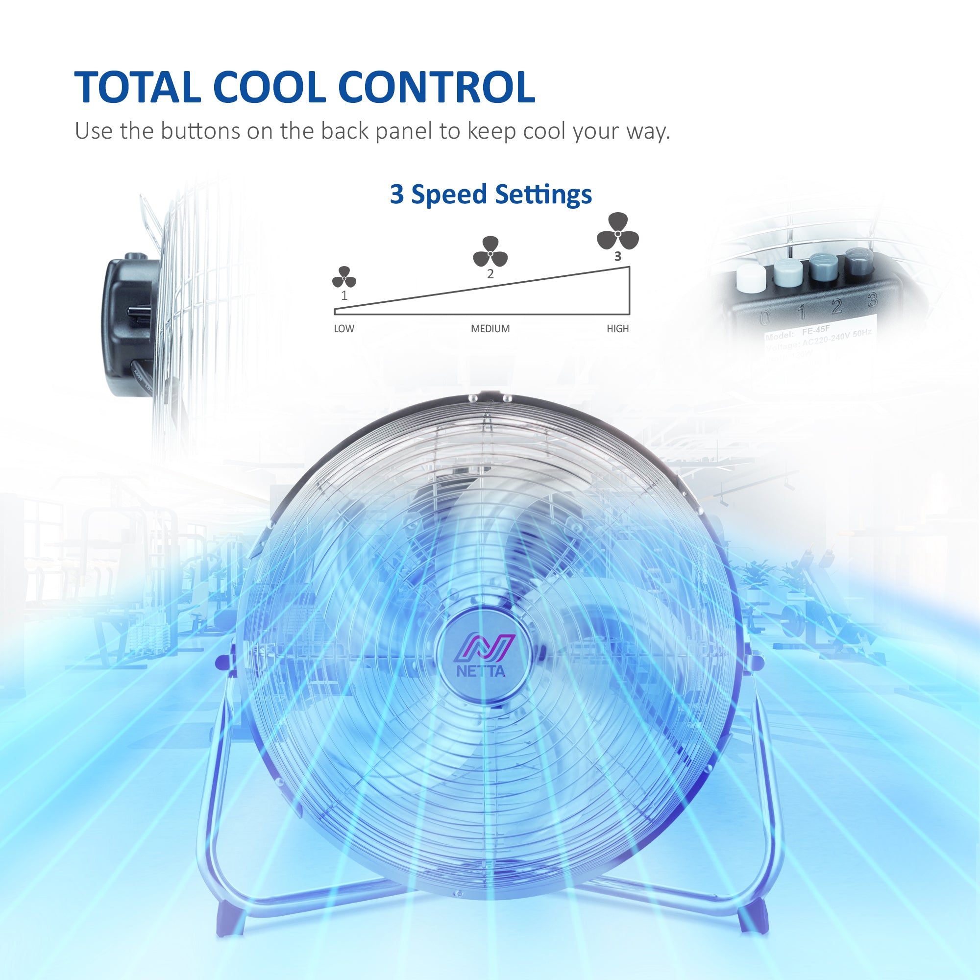 NETTA Gym Floor Fan 3 Speed Settings and Tilt Option, Powerful Circulation, Wall Mountable Chrome