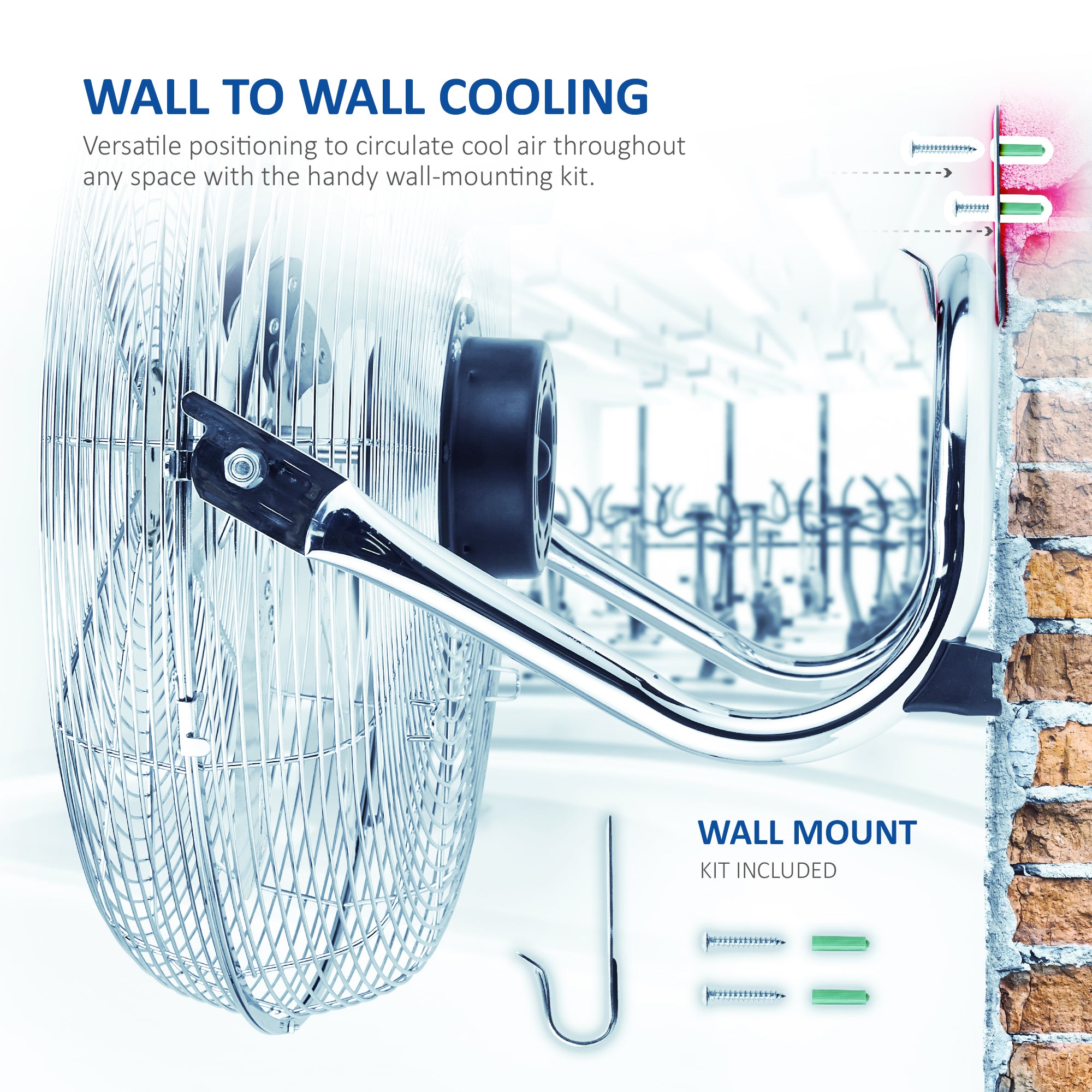 NETTA Gym Floor Fan 3 Speed Settings and Tilt Option, Powerful Circulation, Wall Mountable Chrome