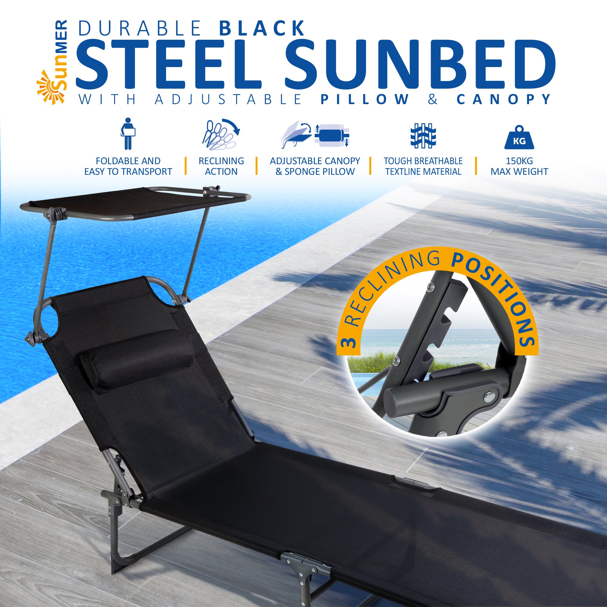 SUNMER Reclining Sun Lounger with Adjustable Backrest and Canopy