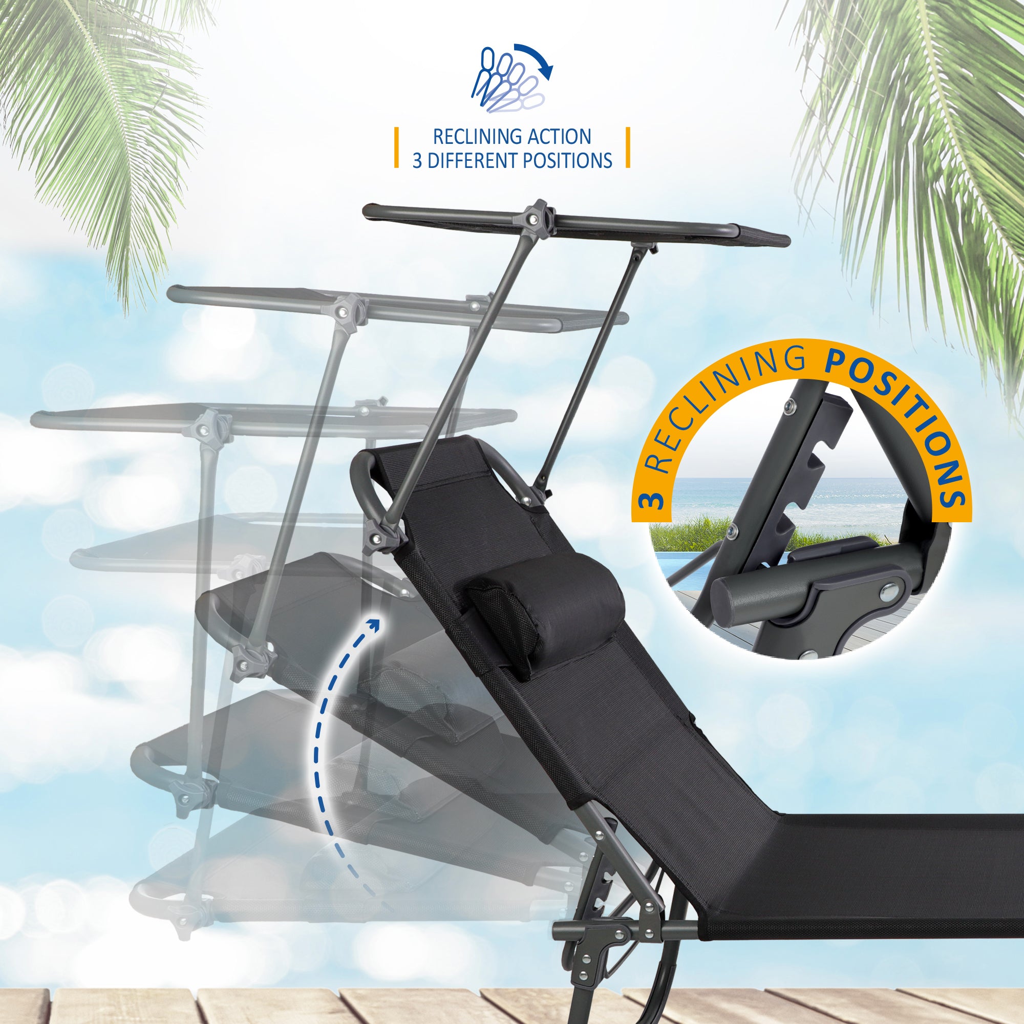 SUNMER Reclining Sun Lounger with Adjustable Backrest and Canopy