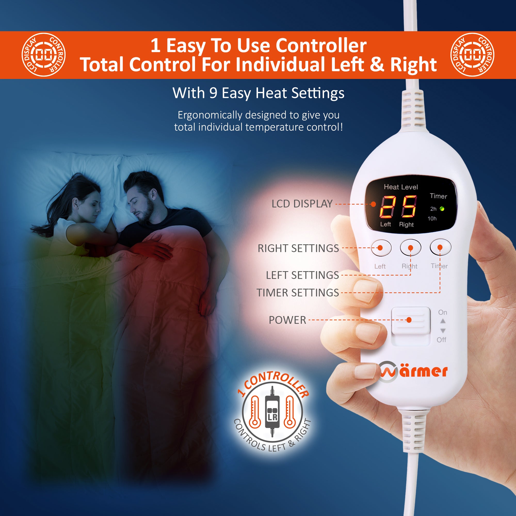 Wärmer 'Cover Max' Electric Blanket - Maximum Coverage, Left & Right Dual Heating Zones, 9 Heat Settings & Timer