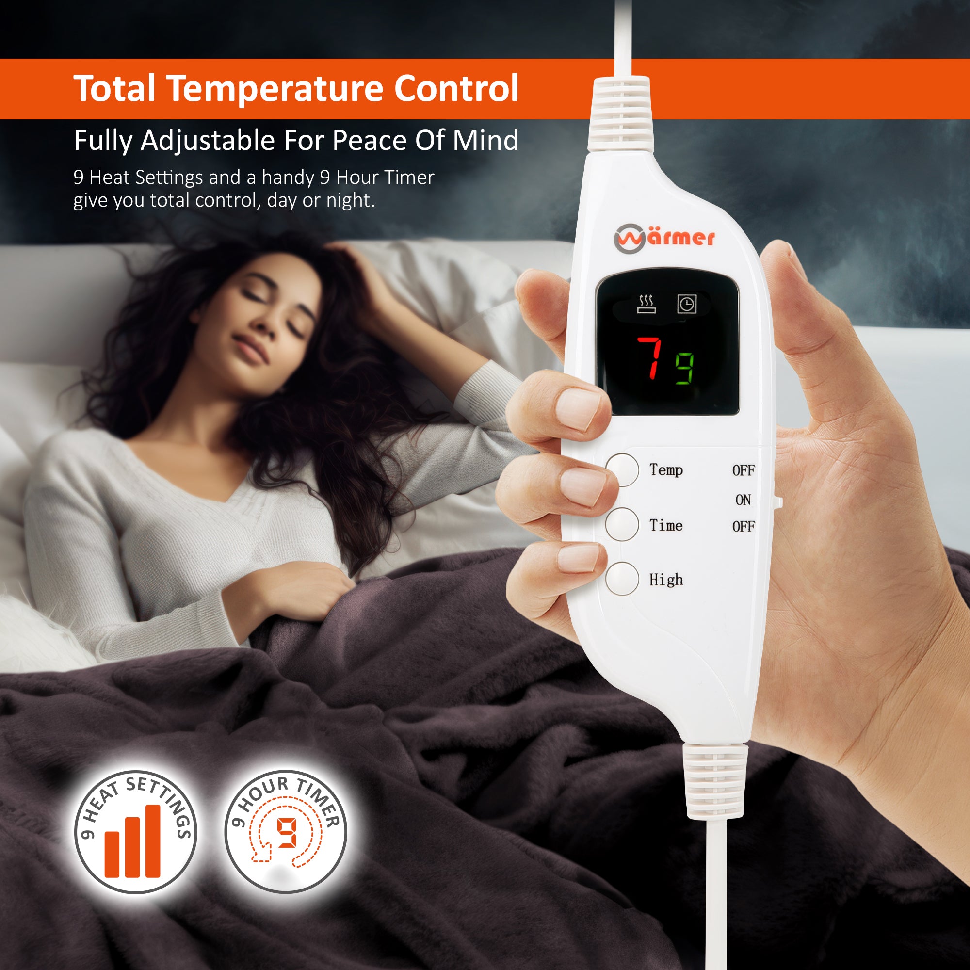 Wärmer Electric Heated Throw Blanket Digital Controller Timer, 9 Heat Setting, Auto Shutoff 120W