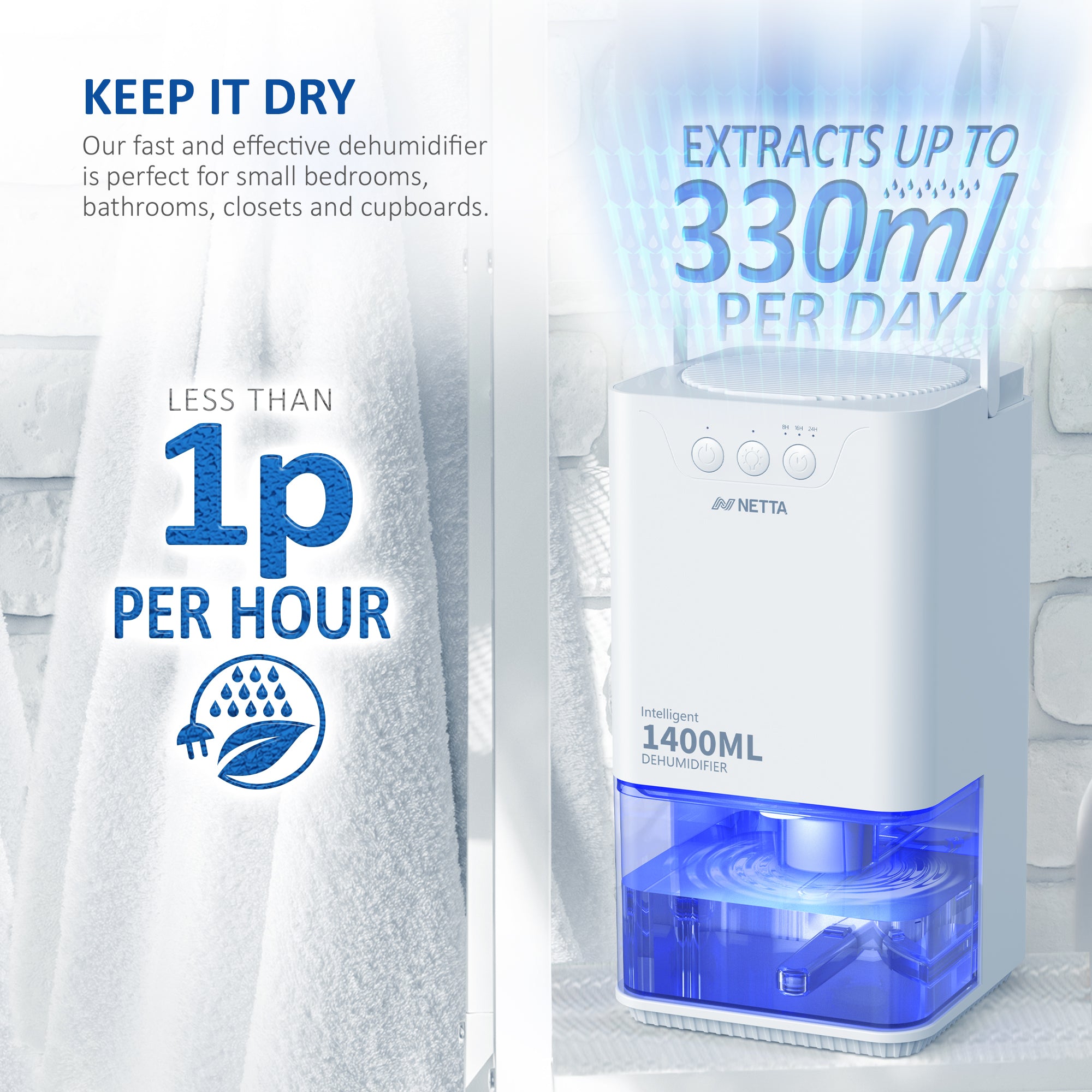 NETTA Dehumidifiers for Home Damp 1400ml Dehumidifier with Ultra Quiet & Auto Shut off 3 Colorful LED