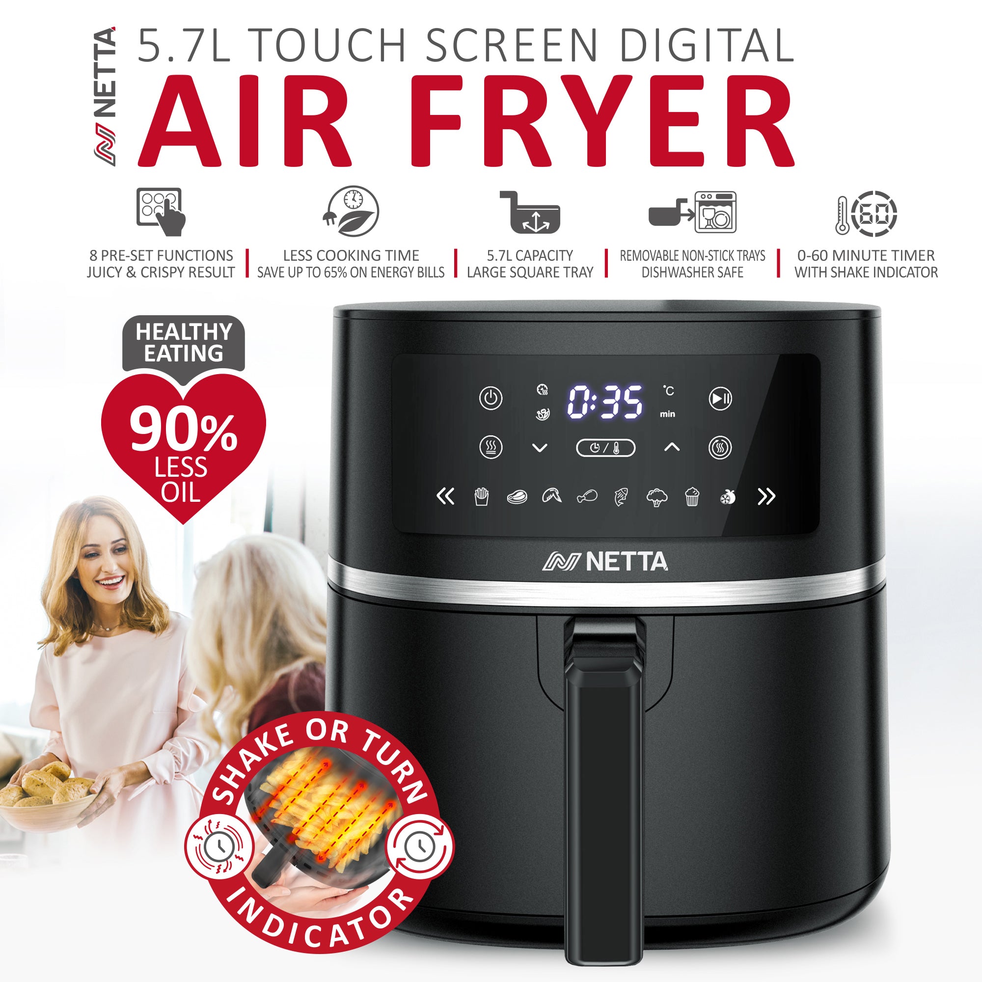 NETTA 5.7L Digital Air Fryer with Drawer and Detachable Non-Stick Frying Tray