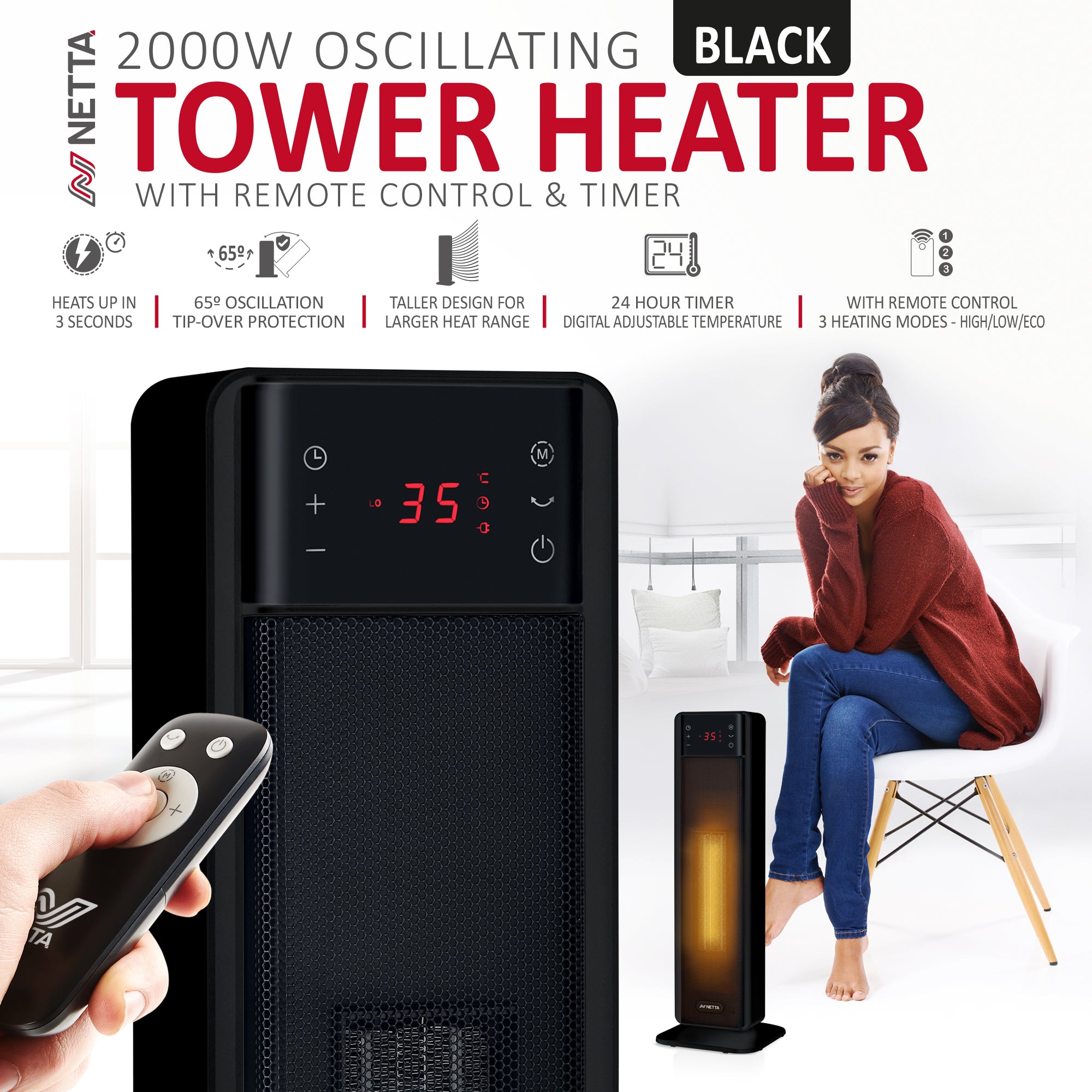NETTA Tall Ceramic Tower Heater 2000W, Portable Electric Heater with Remote