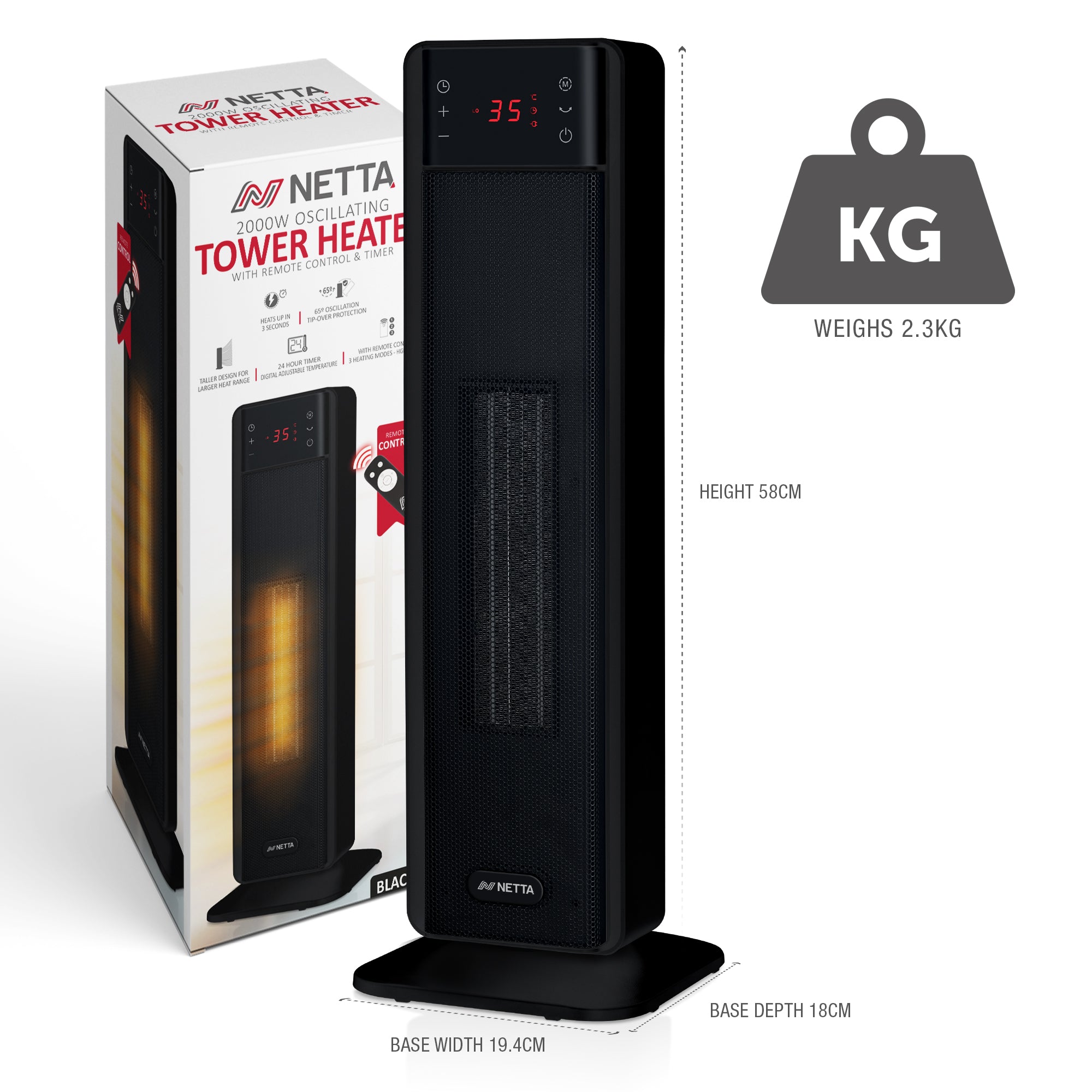 NETTA Tall Ceramic Tower Heater 2000W, Portable Electric Heater with R