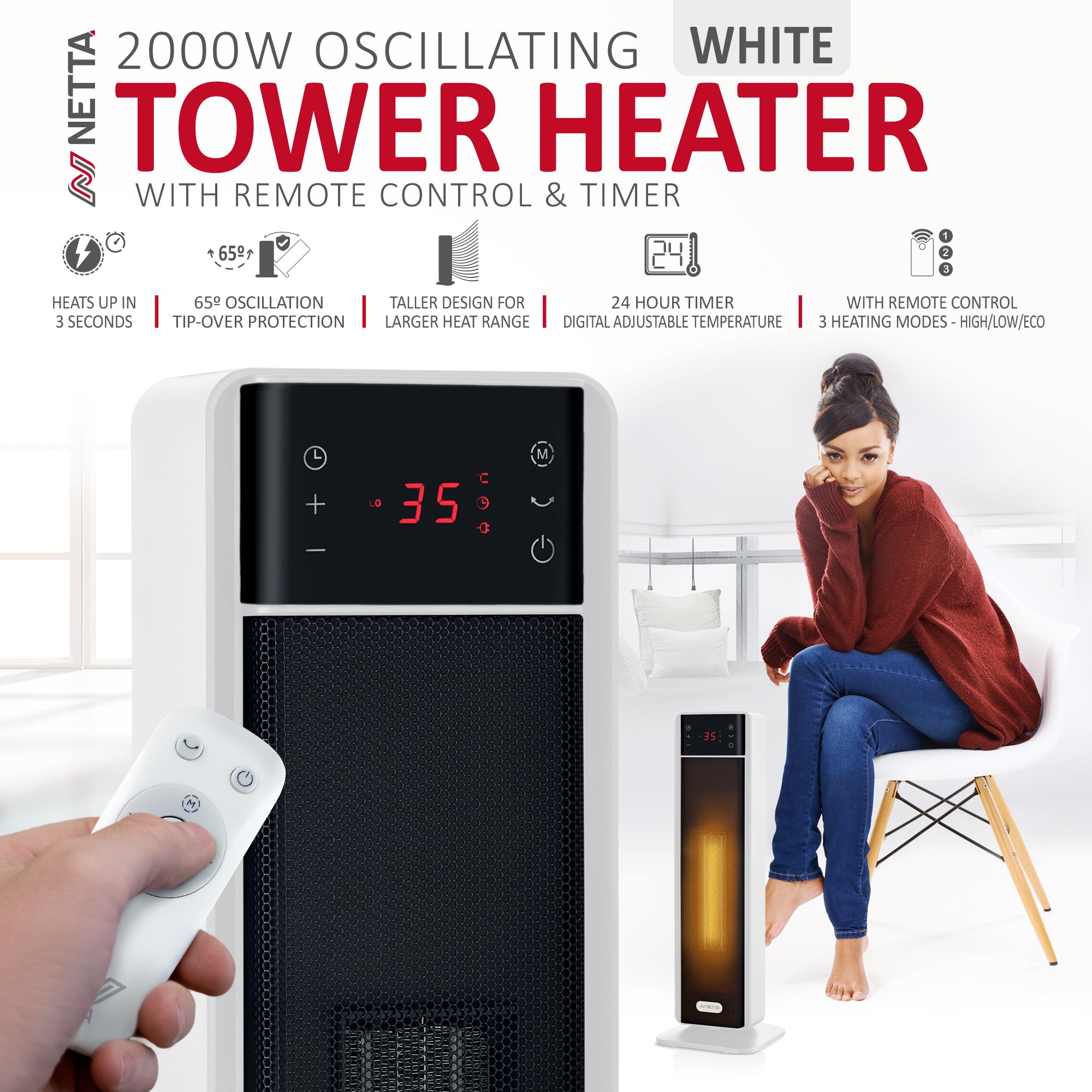 NETTA Tall Ceramic Tower Heater 2000W, Portable Electric Heater with Remote
