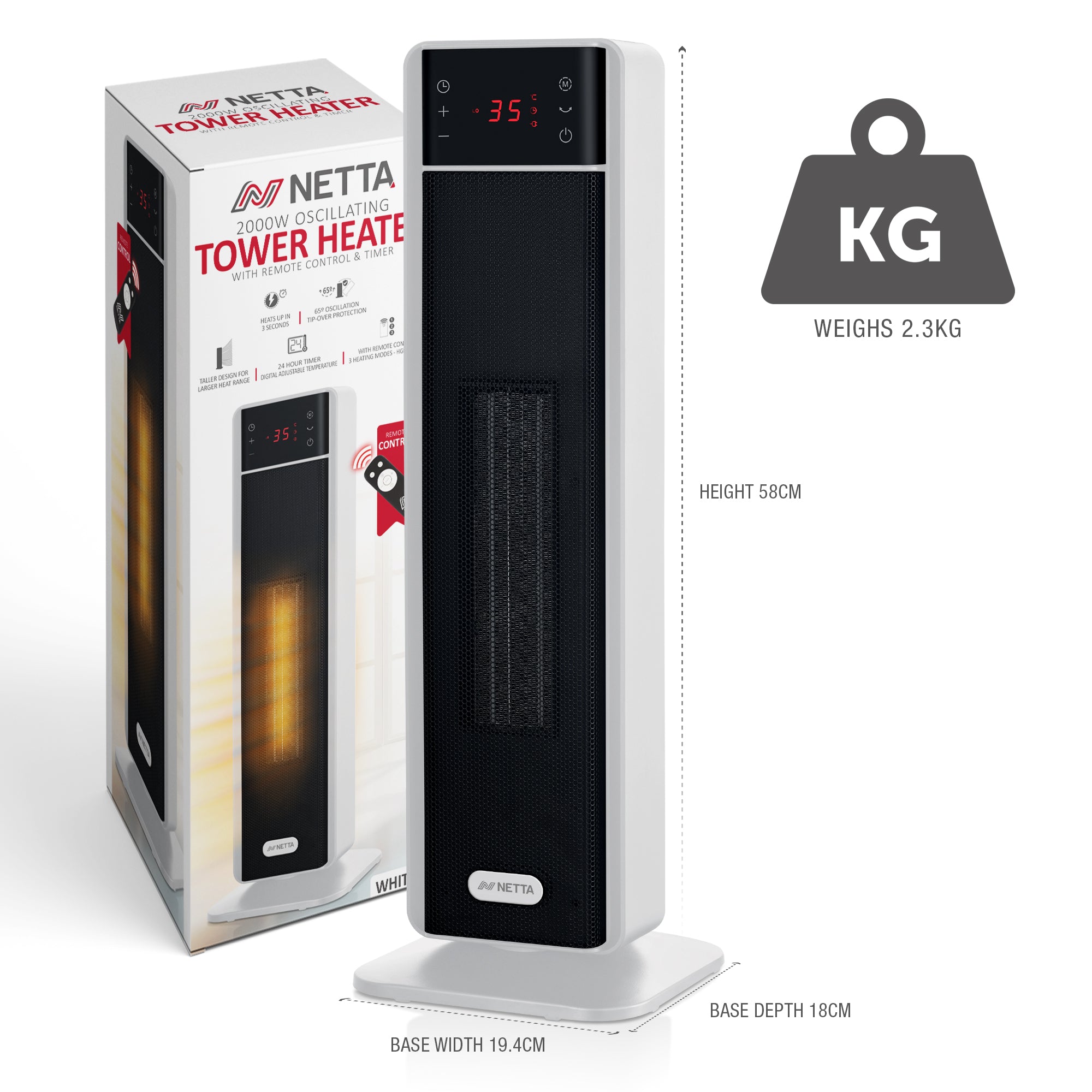 NETTA Tall Ceramic Tower Heater 2000W, Portable Electric Heater with Remote