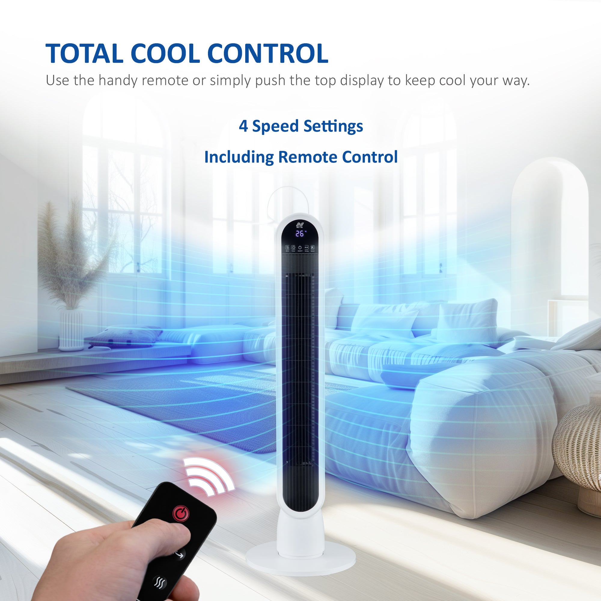 NETTA 36 Inch Tower Fan with 8-Hour Timer - White