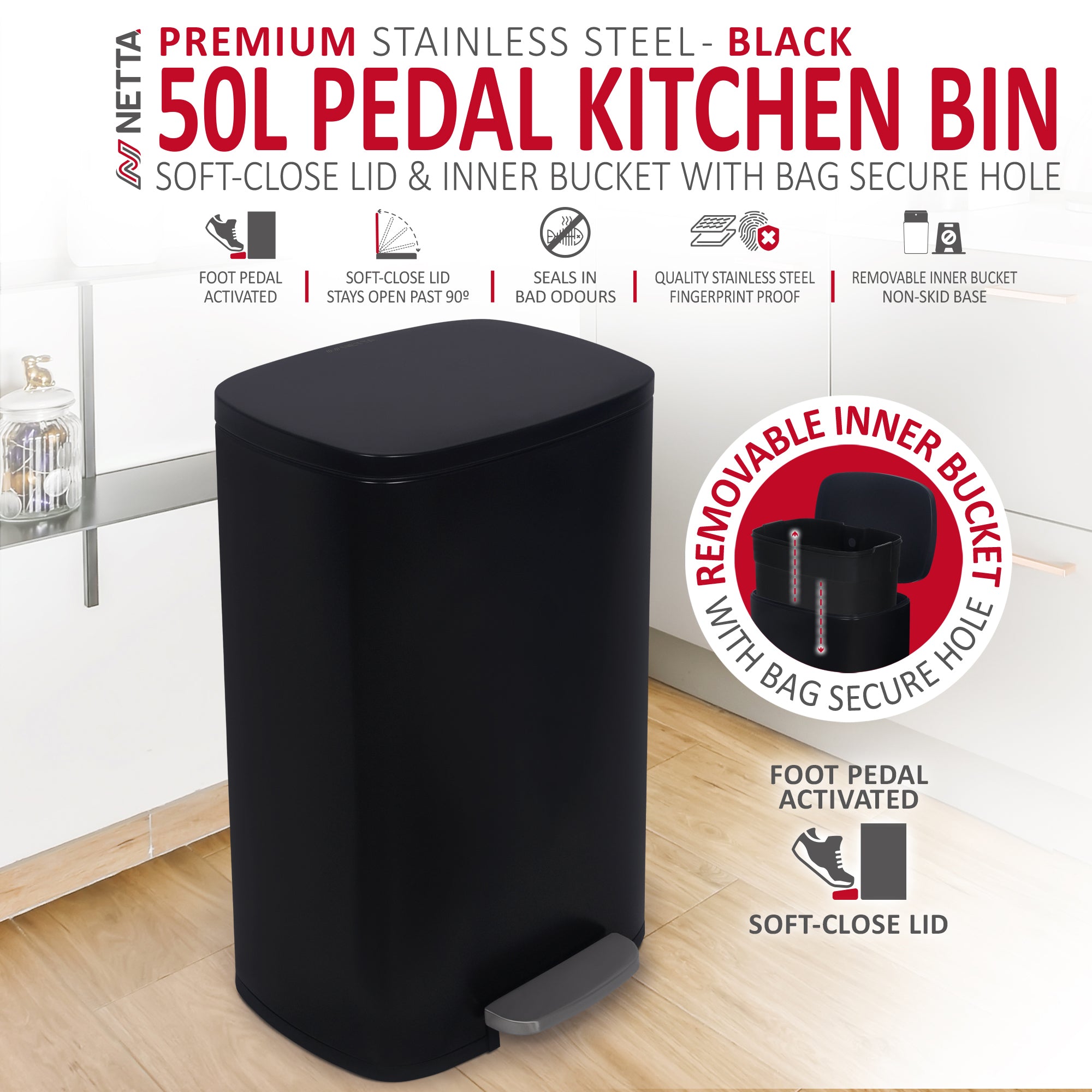 NETTA Kitchen Bin 50L, Pedal Bin Smudge Resistant with Inner Bucket Brushed Stainless Steel Rubbish Bin, Soft Close Black