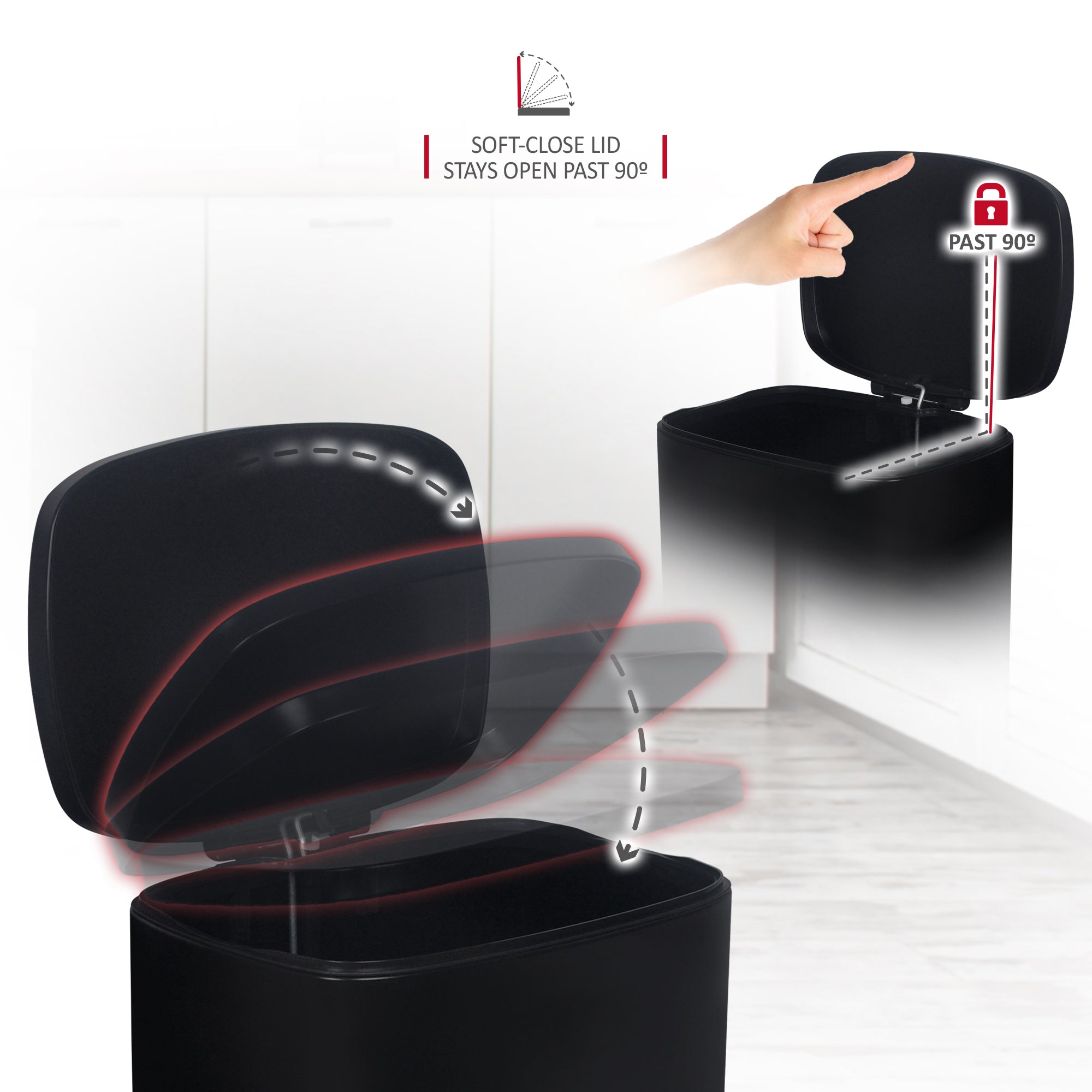 NETTA Kitchen Bin 50L, Pedal Bin Smudge Resistant with Inner Bucket Brushed Stainless Steel Rubbish Bin, Soft Close Black