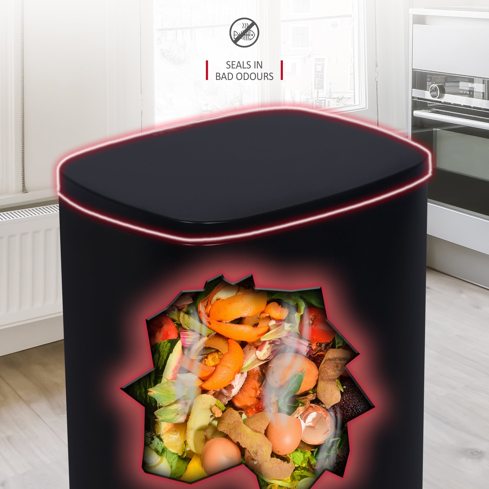 NETTA Kitchen Bin 50L, Pedal Bin Smudge Resistant with Inner Bucket Brushed Stainless Steel Rubbish Bin, Soft Close Black