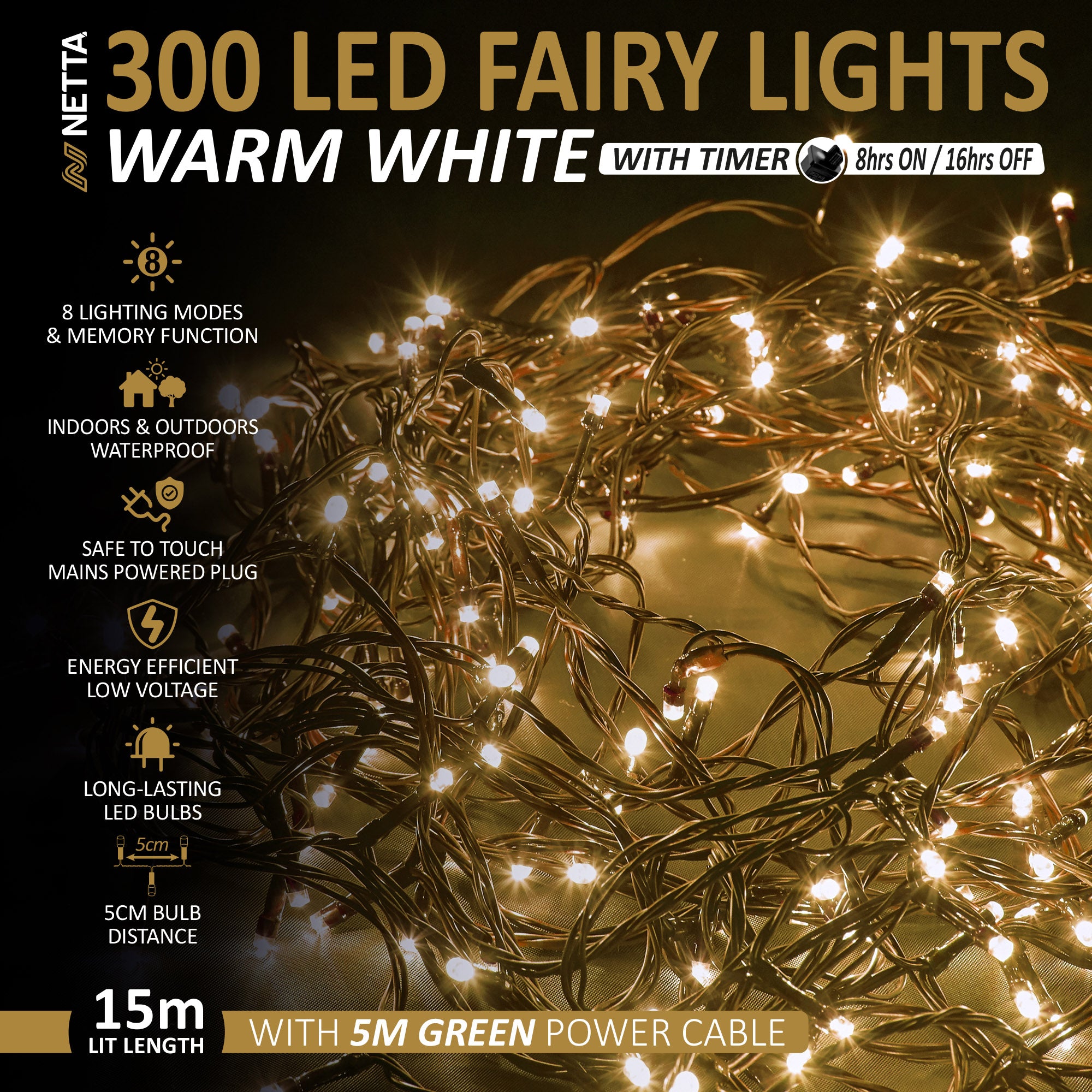 NETTA Christmas Tree Lights LED 5m Fairy String Lights Plug in with Timer and Memory Functions for Outdoor/Indoor Use