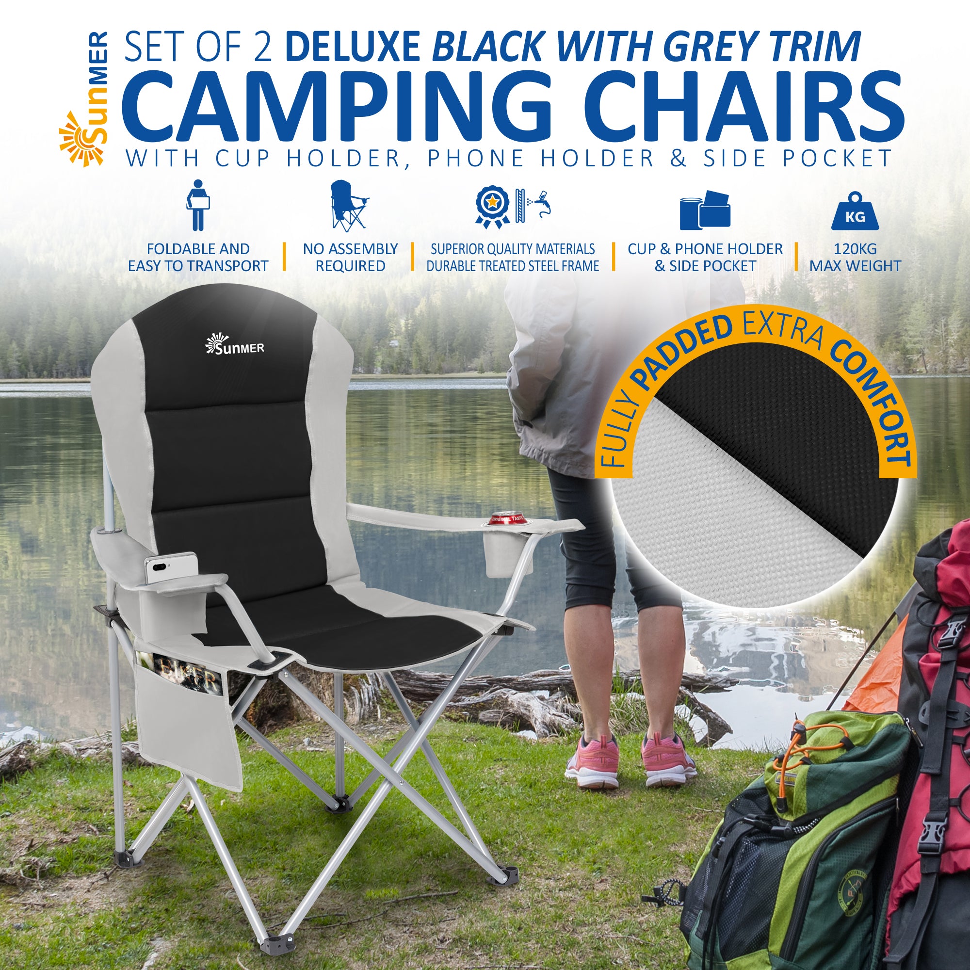 SUNMER Set of 2 Folding Padded Camping Chairs