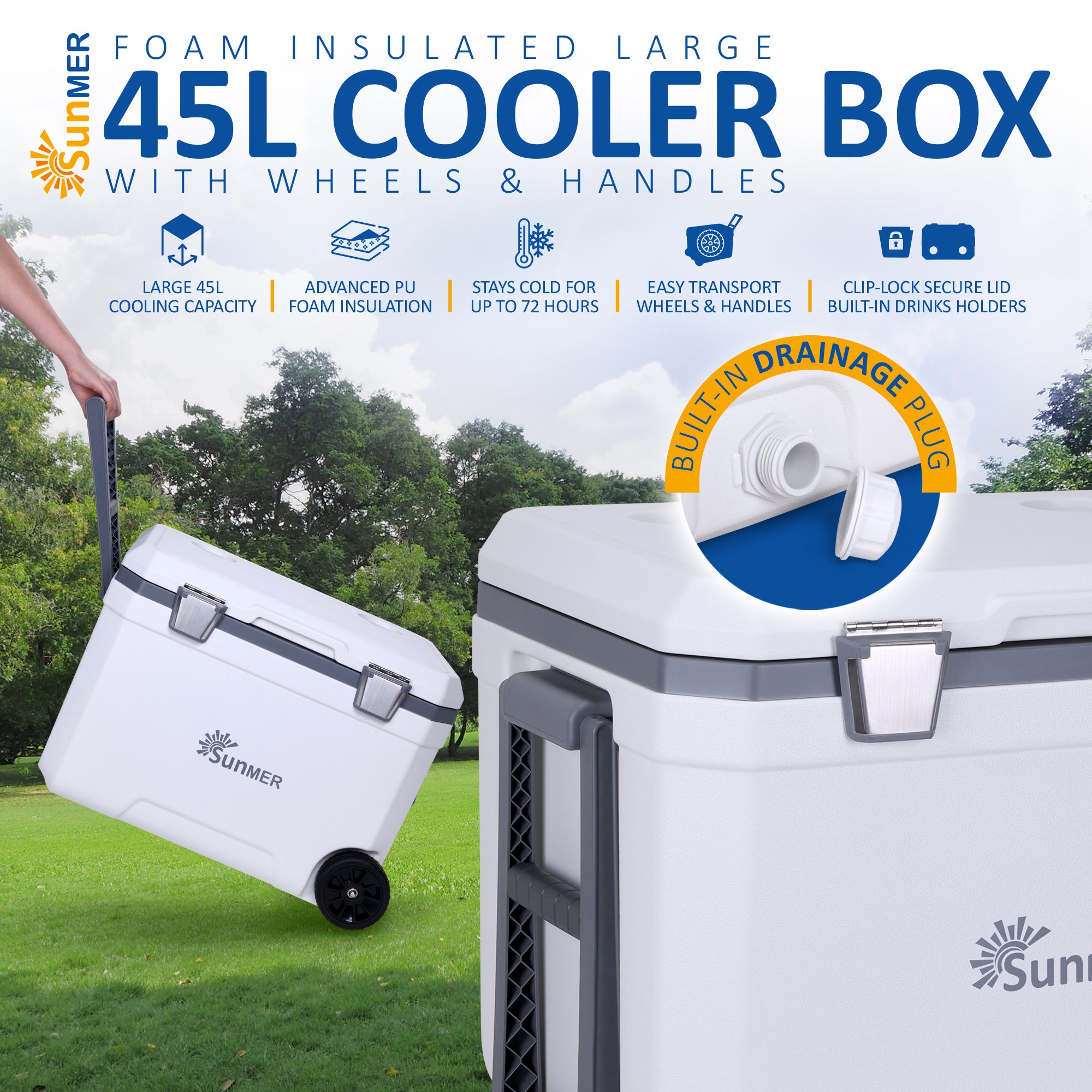 SUNMER 45L Wheeled Cooler Box – PU Foam Insulated Ice Chest with Handles & Drain Plug