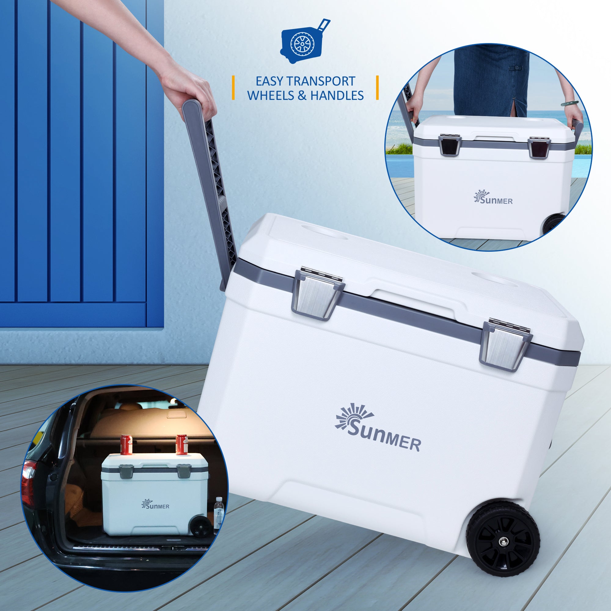 SUNMER 45L Wheeled Cooler Box – PU Foam Insulated Ice Chest with Handles & Drain Plug