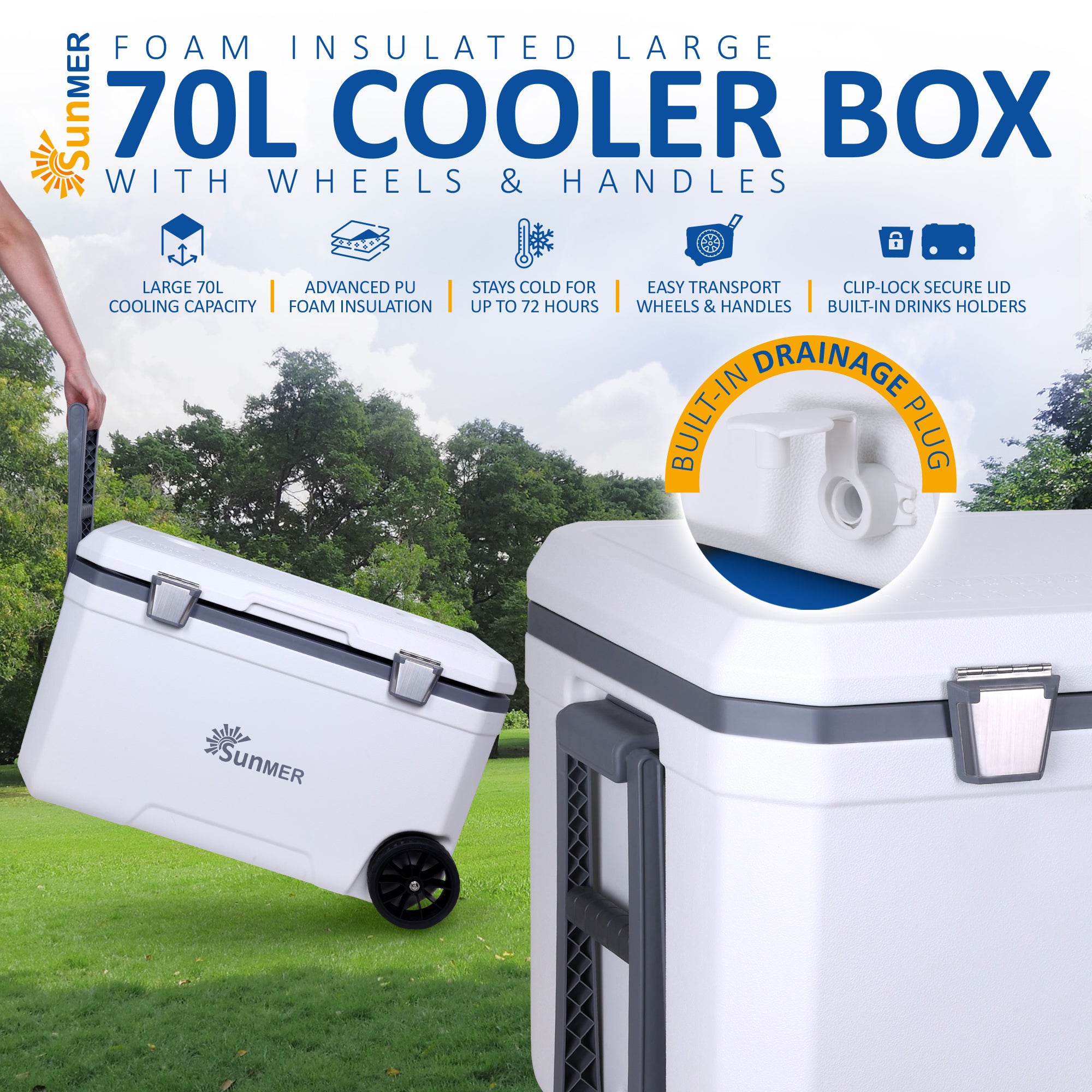 SUNMER 70L Wheeled Cooler Box – PU Foam Insulated Ice Chest with Handles & Drain Plug
