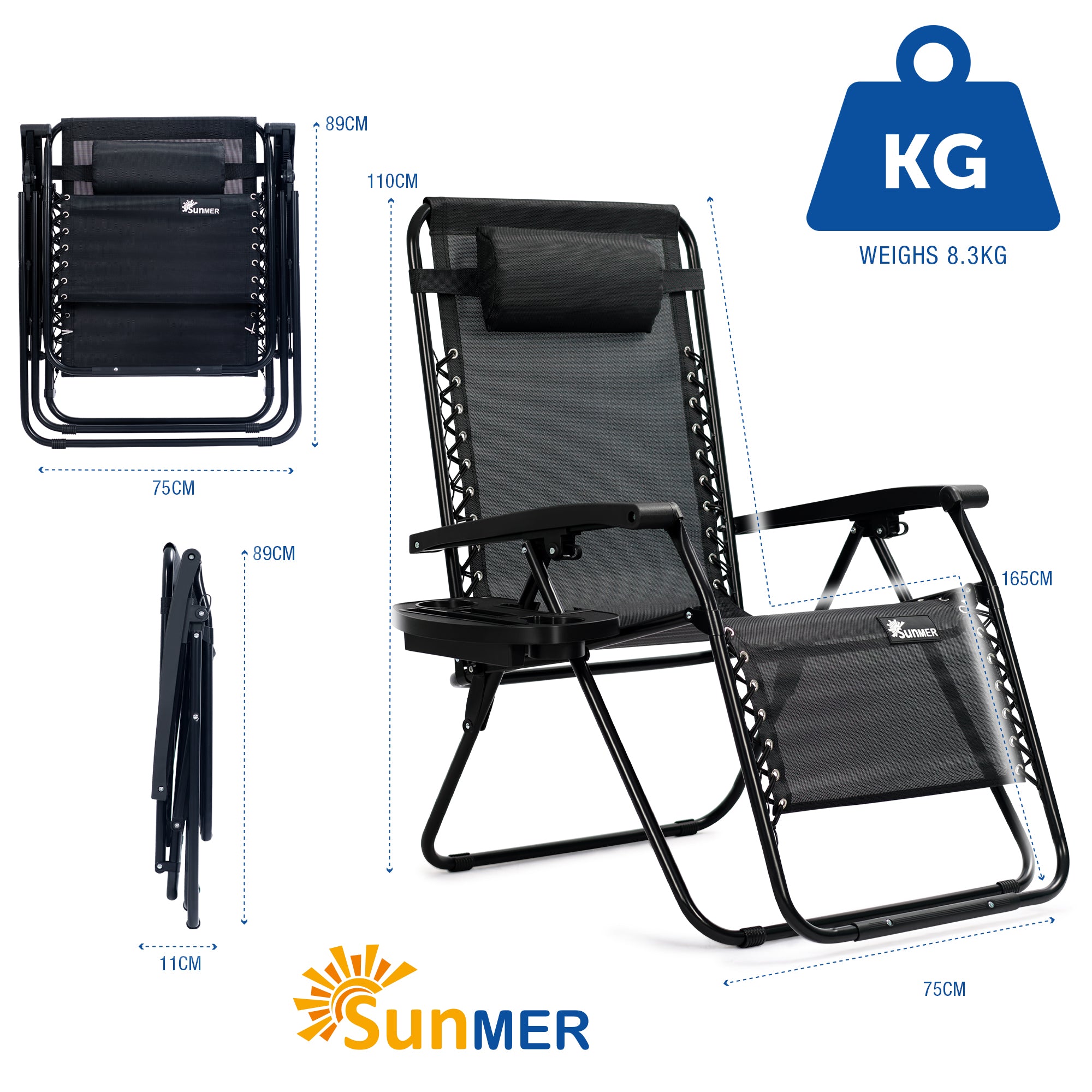 SUNMER Extra-Wide Reclining Garden Chairs with Cup and Phone Holder -  Set of 2
