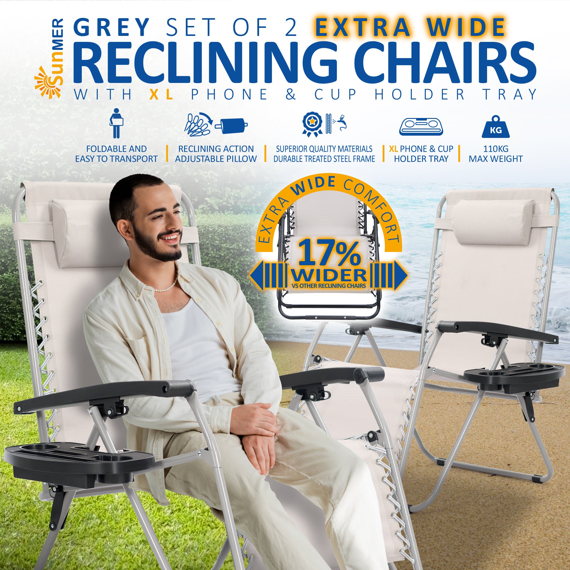 SUNMER Extra-Wide Reclining Garden Chairs with Cup and Phone Holder -  Set of 2