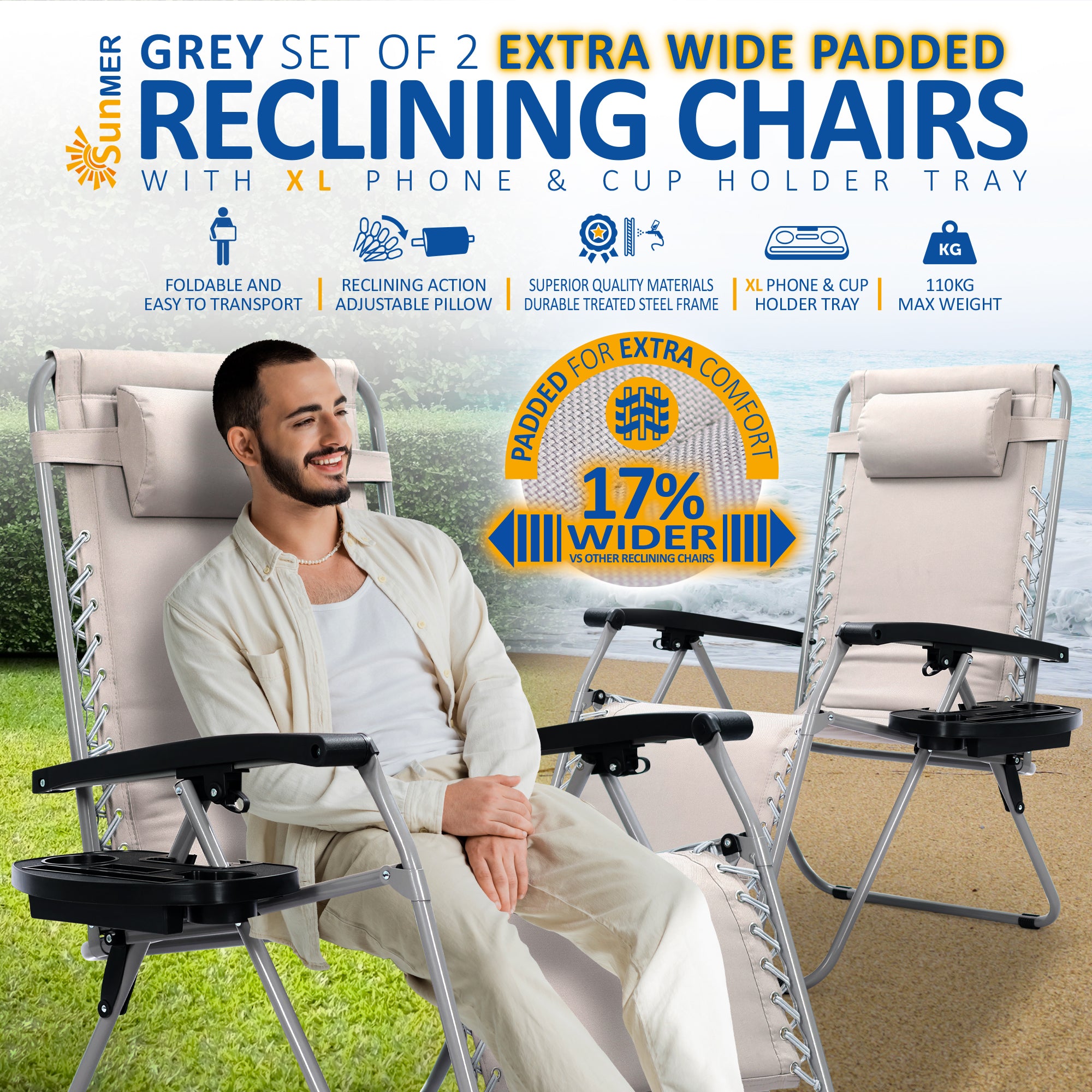 SUNMER Extra-Wide Padded Recliner Chairs with Cup And Phone Holder - Set of 2