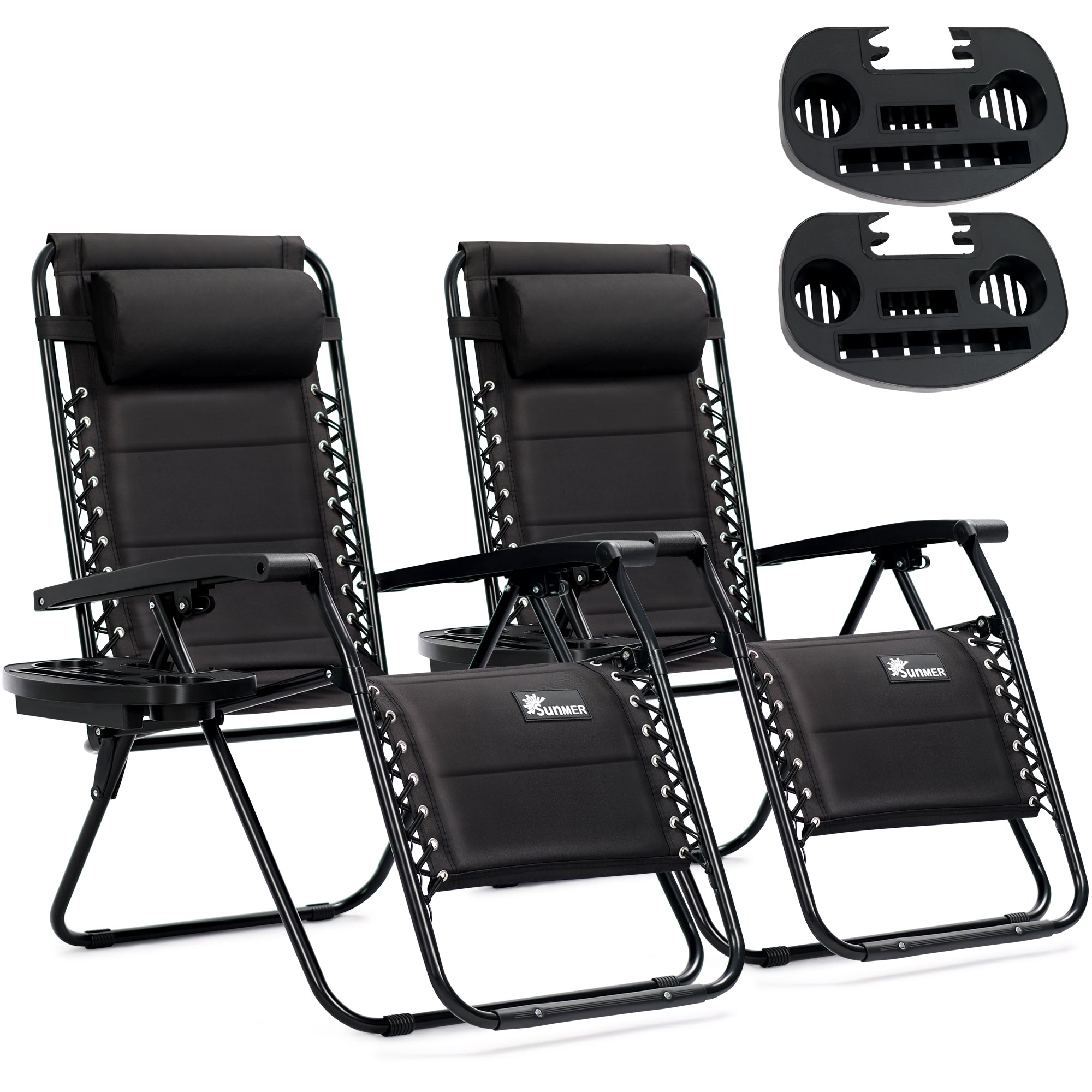 SUNMER Sun Lounger Reclining Garden Chairs with Cup and Phone Holder - Set of 2