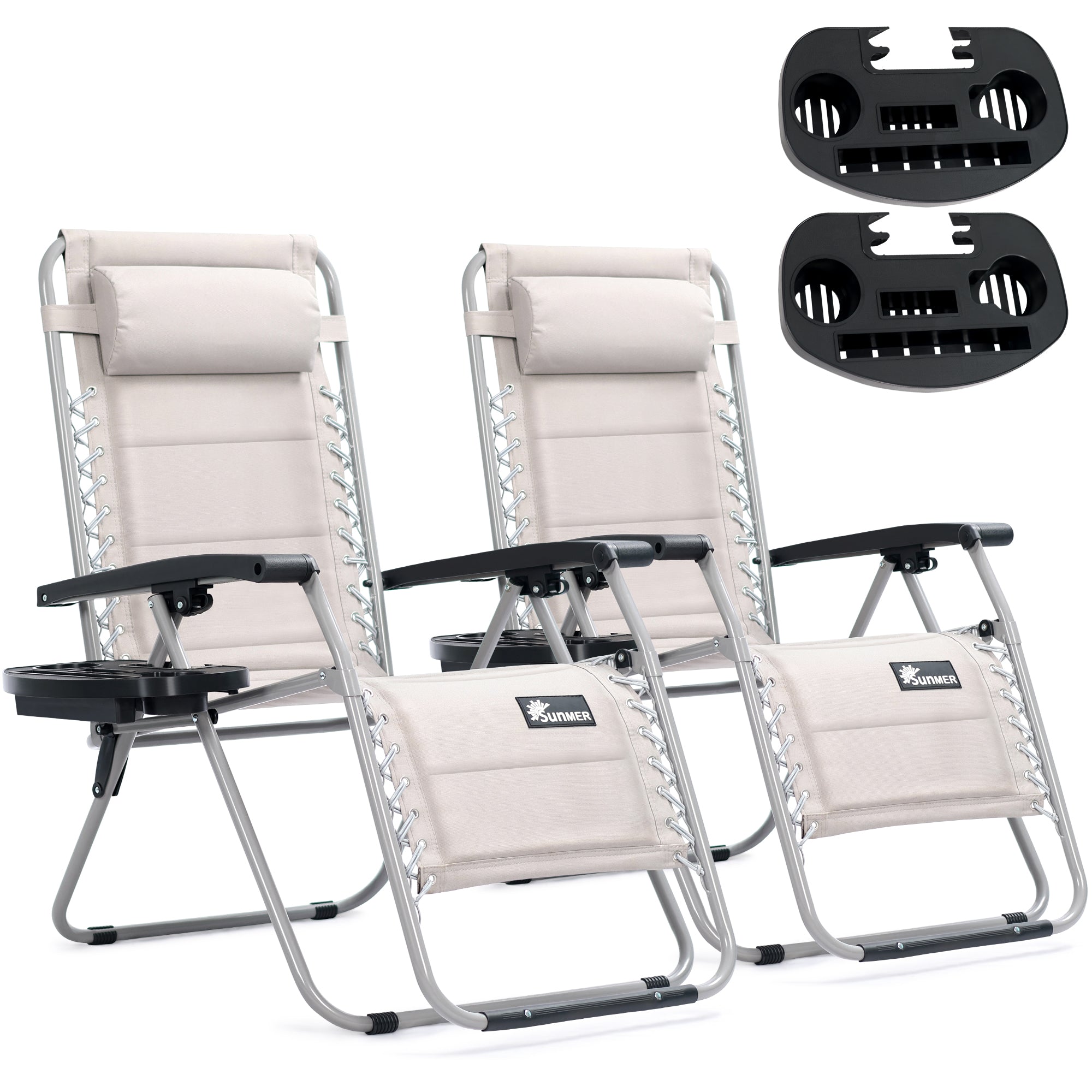 SUNMER Sun Lounger Reclining Garden Chairs with Cup and Phone Holder - Set of 2