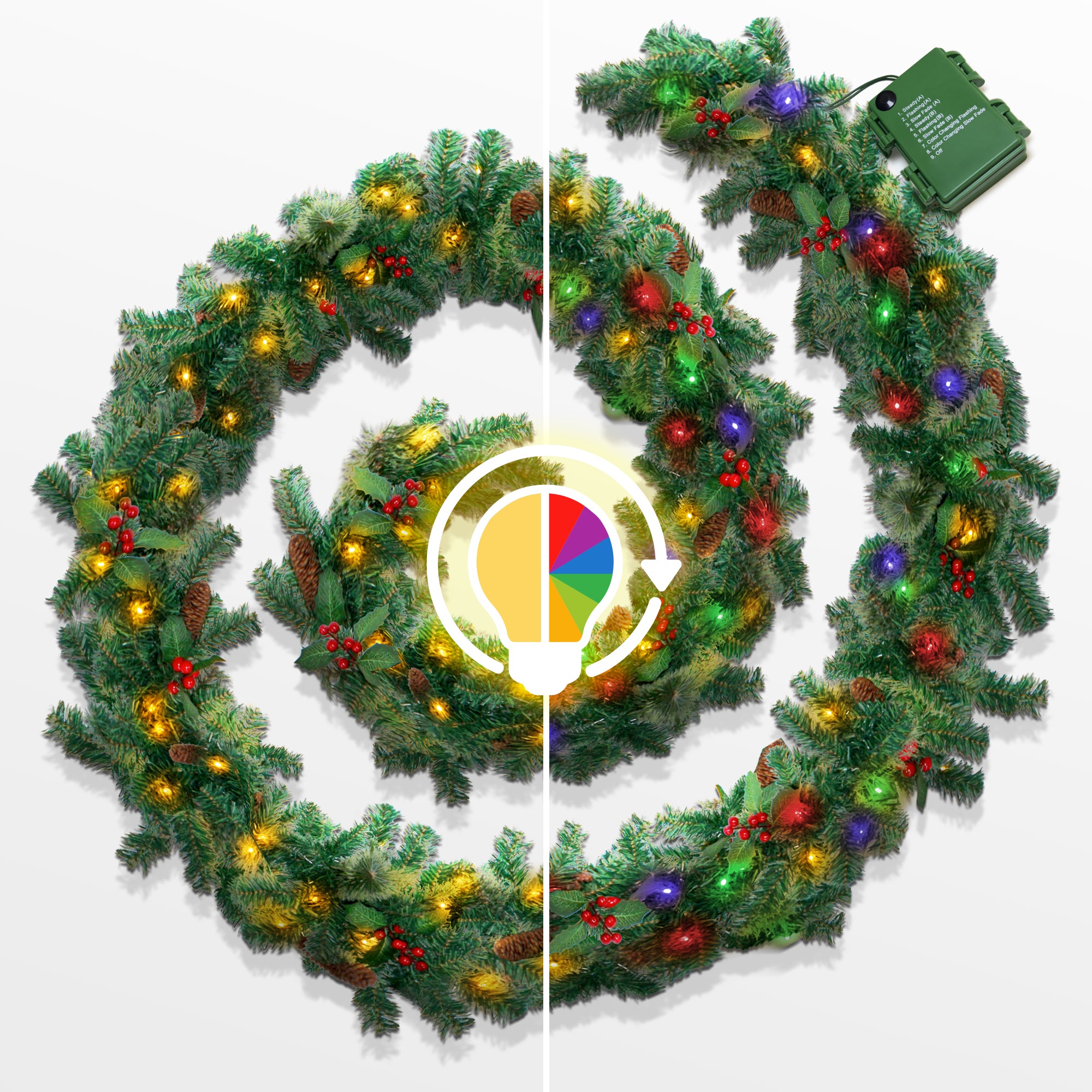 VeryMerry 9FT Pre-Lit Garland 2 In 1 Dual-Color - Warm White/Multi Colour with 50 LED Lights with Auto-Off Timer, 9 Lighting Modes - 2.7m