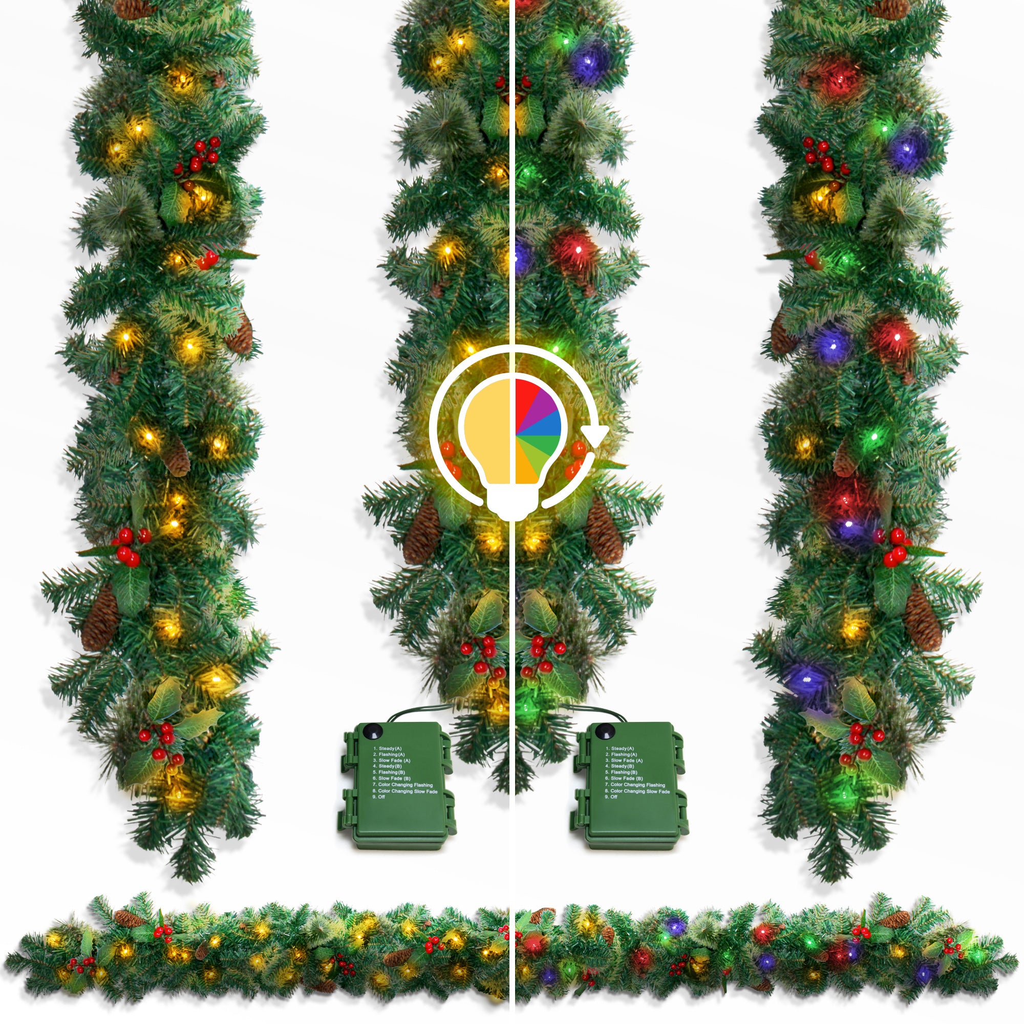 VeryMerry 9FT Pre-Lit Garland 2 In 1 Dual-Color - Warm White/Multi Colour with 50 LED Lights with Auto-Off Timer, 9 Lighting Modes - 2.7m