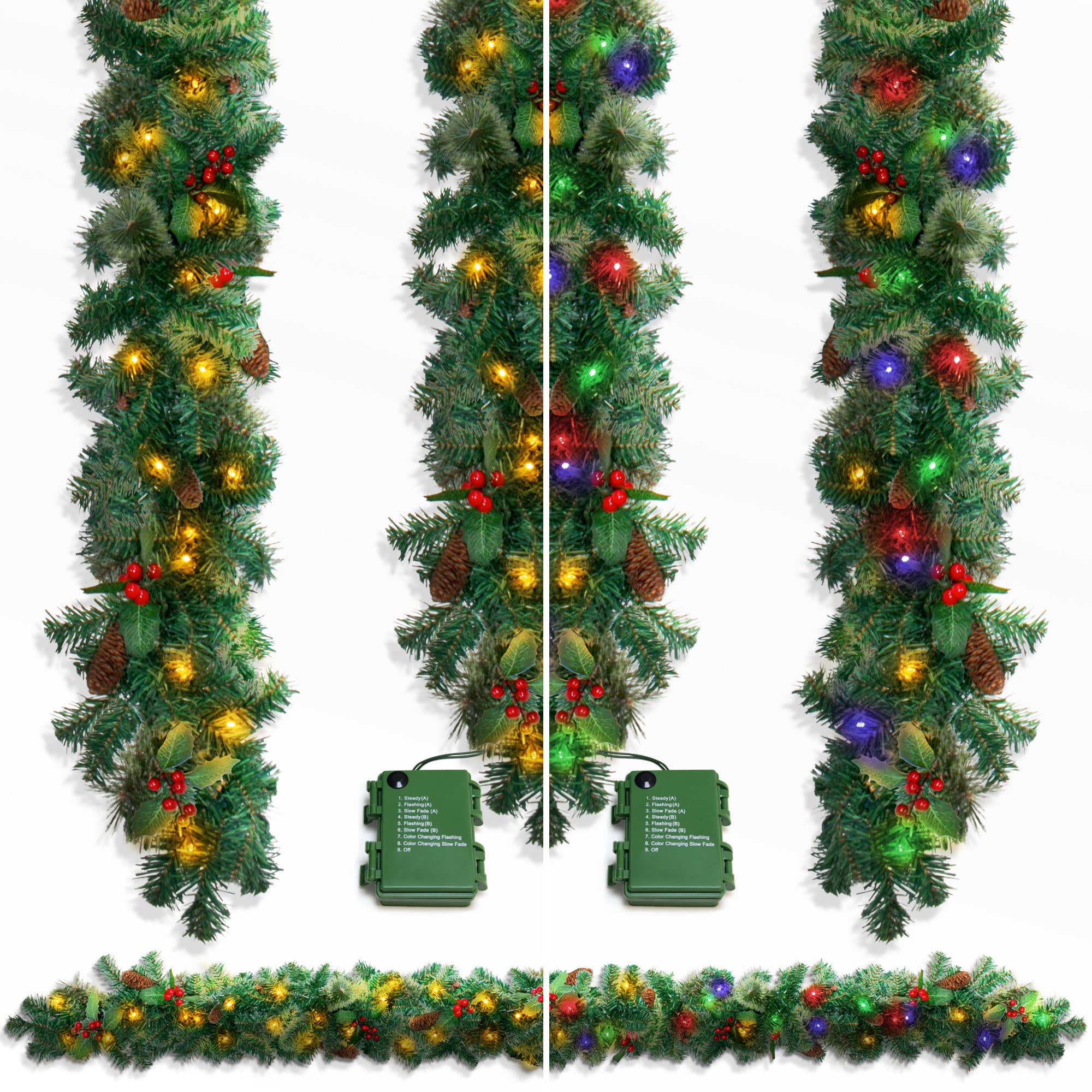 VeryMerry 9FT Pre-Lit Garland 2 In 1 Dual-Color - Warm White/Multi Colour with 50 LED Lights with Auto-Off Timer, 9 Lighting Modes - 2.7m